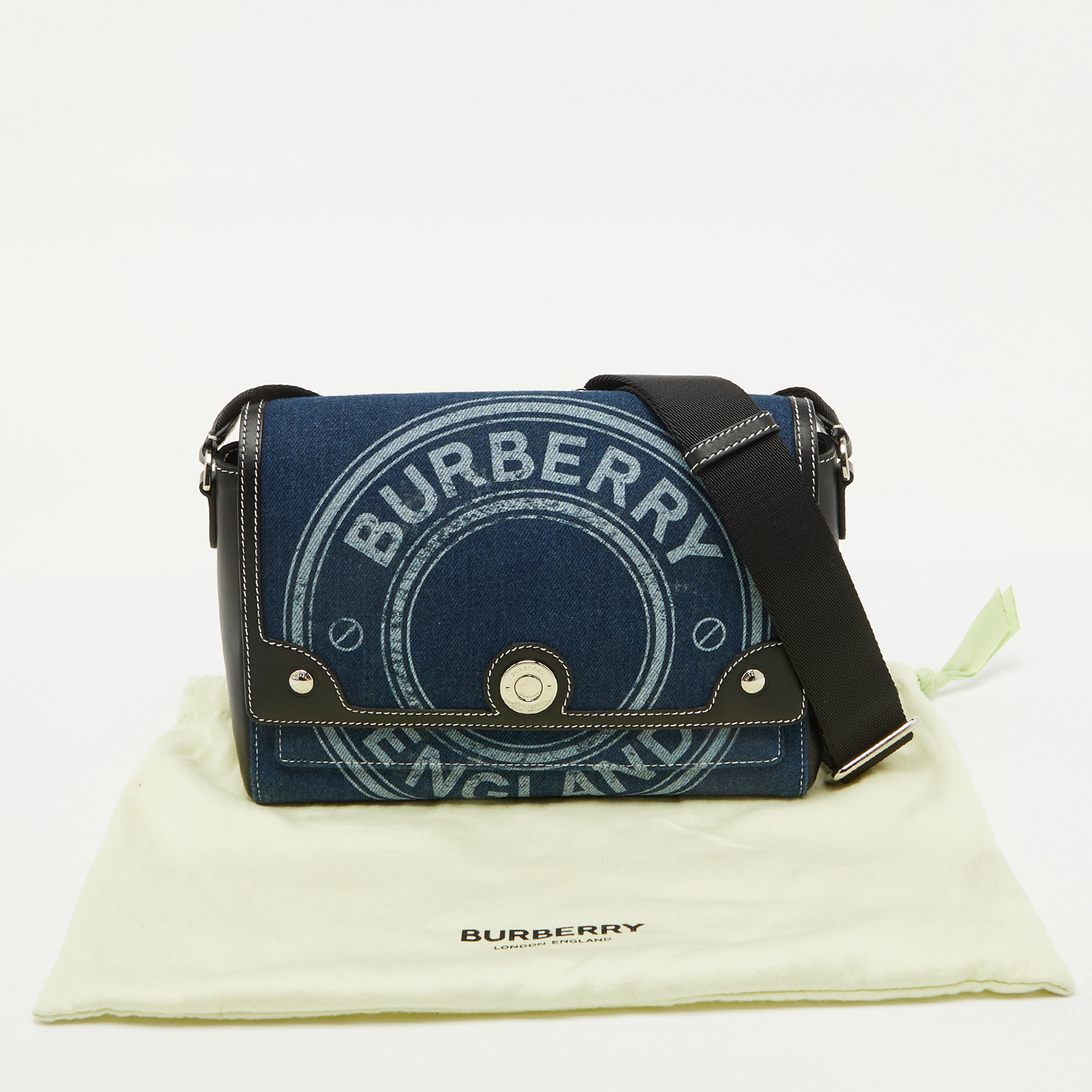 Burberry Blue/Black Denim and Leather Medium Note Logo Shoulder Bag 