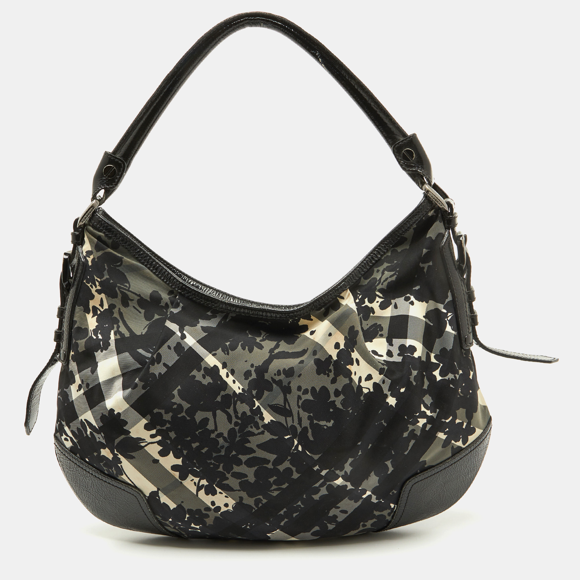 

Burberry Black Patent Leather and Floral Beat Check Nylon Foley Hobo