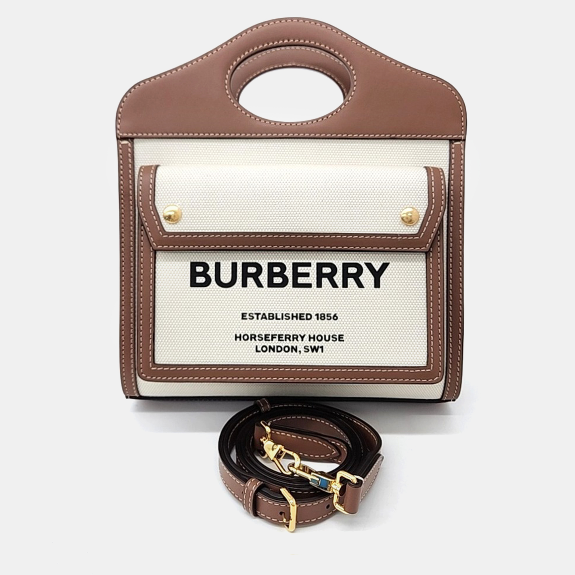 

Burberry Brown Cream Canvas and Leather pocket mini bag