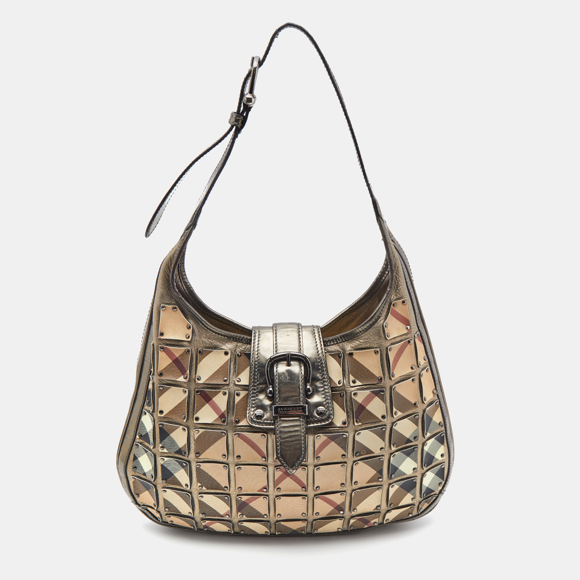 

Burberry Metallic/Beige Nova Check Coated Canvas and Leather Brooke Warrior Hobo