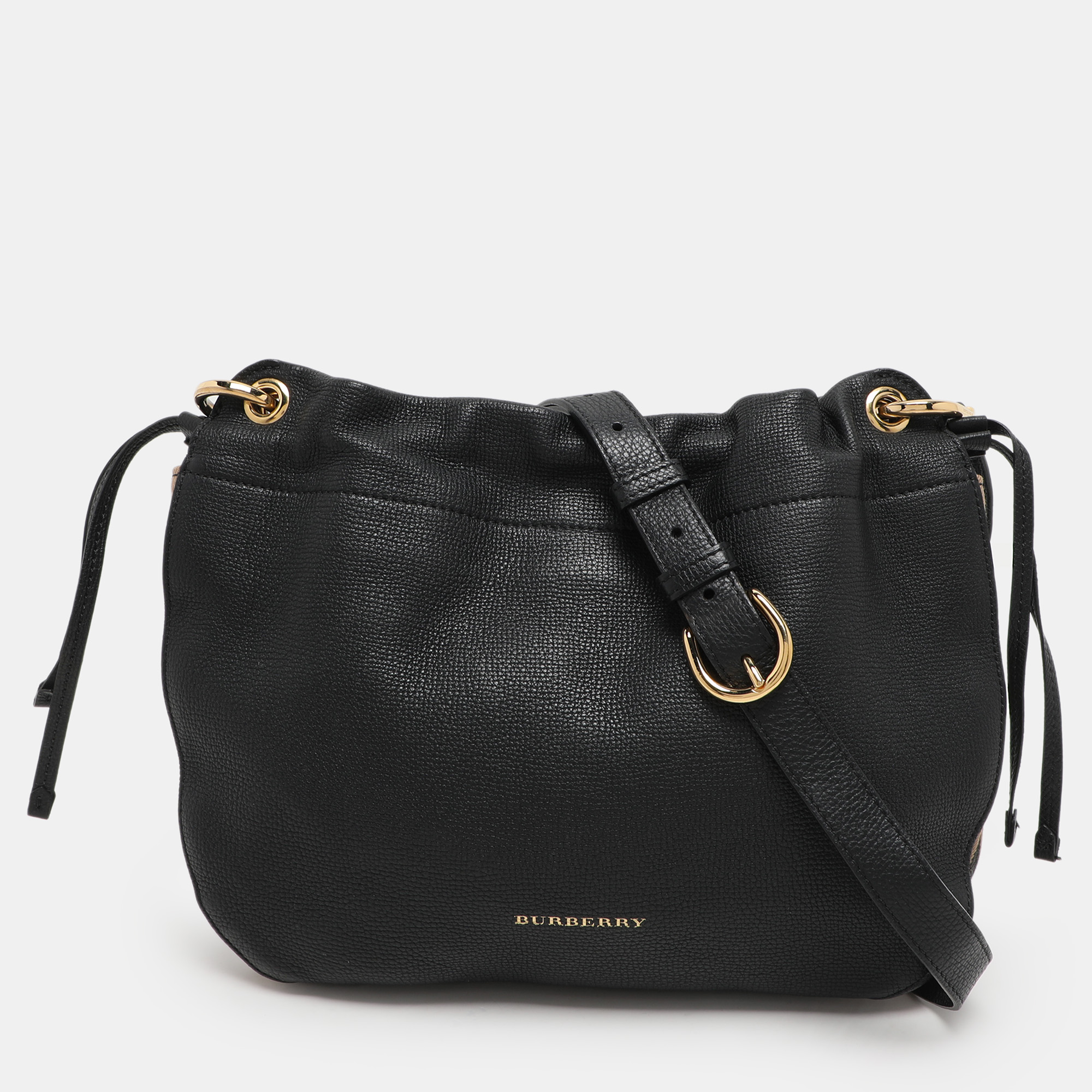 

Burberry Black/Beige Leather and House Check Canvas Bingley Drawstring Bucket Bag