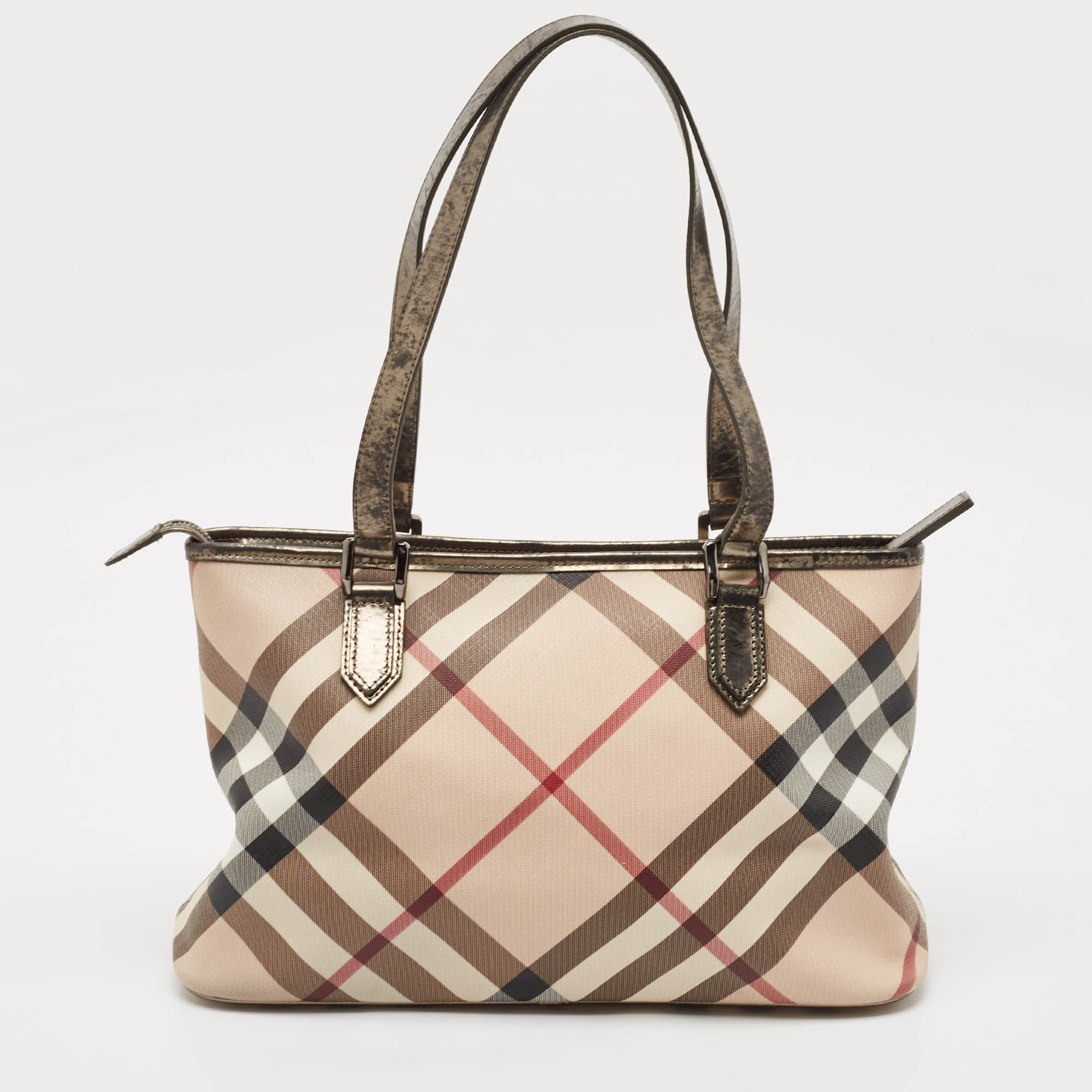 

Burberry Metallic/Beige Supernova Check PVC and Patent Leather Nickie Tote