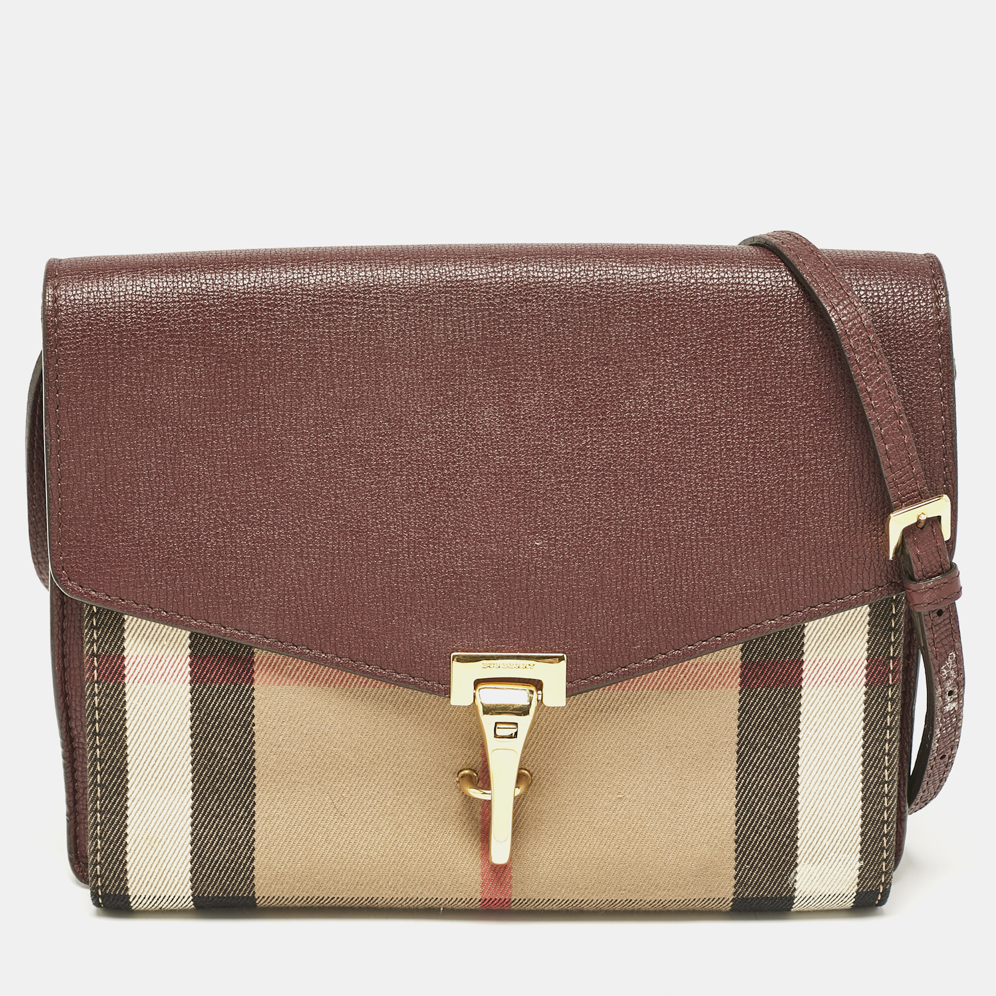 

Burberry Burgundy House Check Canvas and Leather Small Macken Crossbody Bag