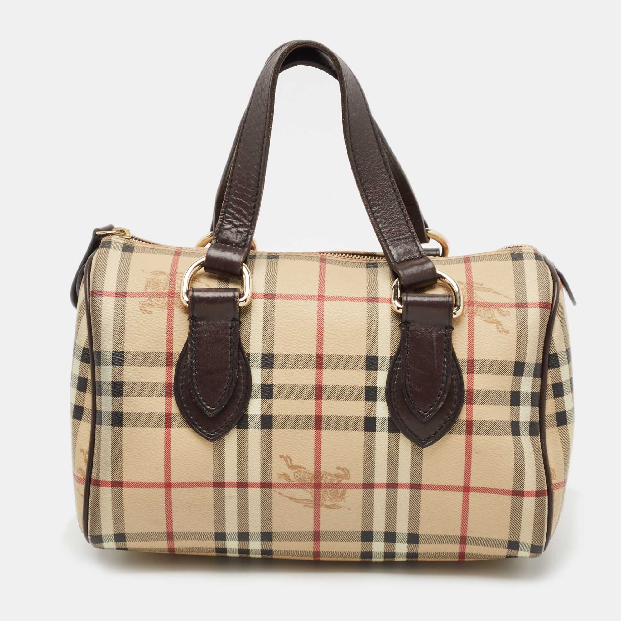 

Burberry Beige/Brown Haymarket Check PVC and Leather Chester Boston Bag