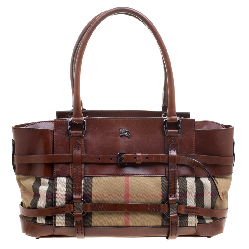 Pre Owned Burberry Brown Leather Bridle House Check Canvas Satchel