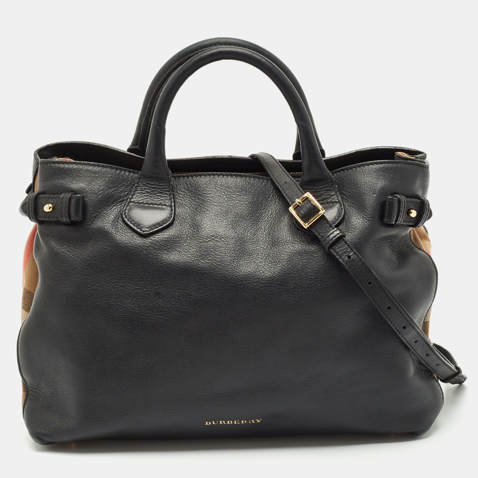 

Burberry Black Leather and House Check Fabric  Banner Tote