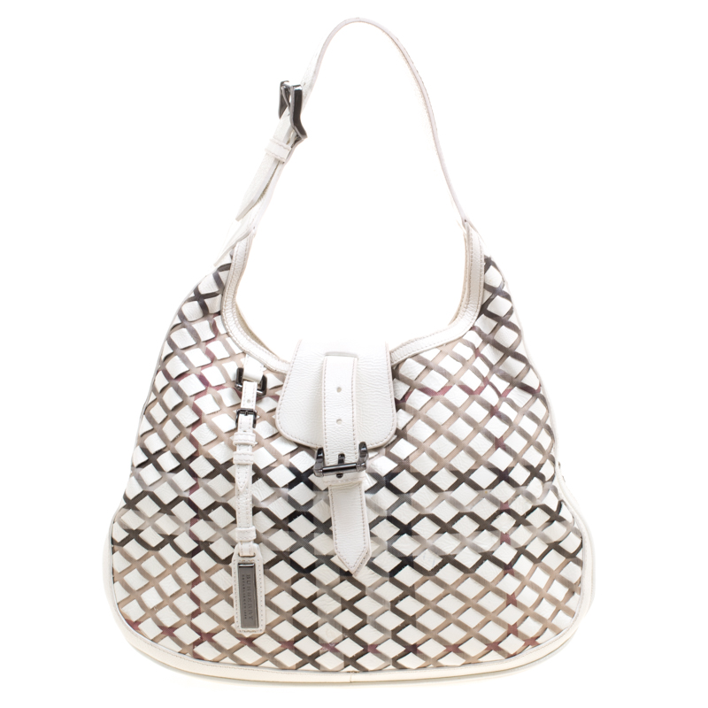 Pre Owned Burberry White House Check Patent Leather and PVC Brooke Hobo
