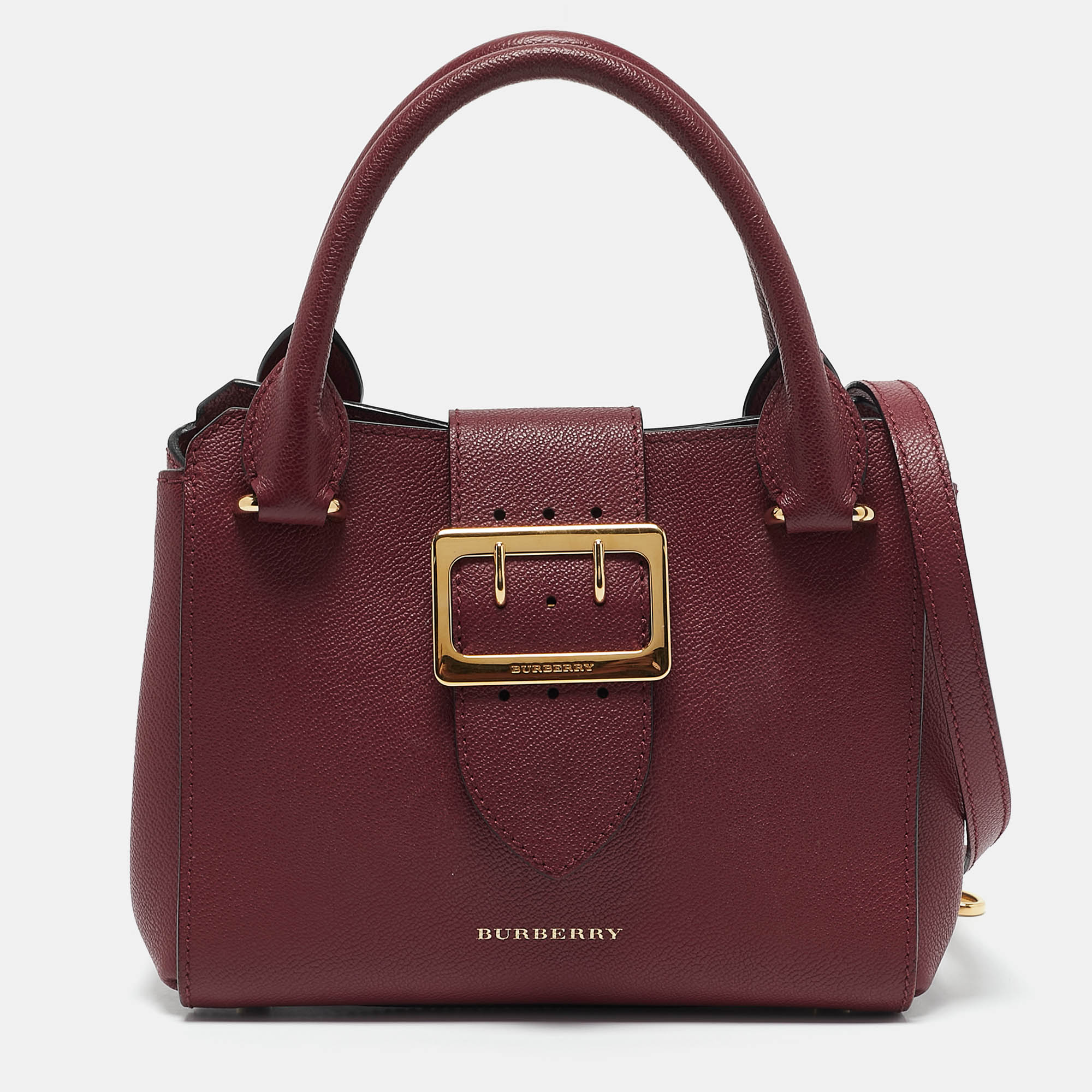 

Burberry Burgundy Leather Small Buckle Flap Tote, Red