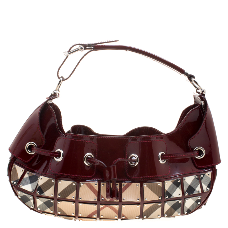 Pre Owned Burberry Burgundy Super Nova Check Mini Warrior Studded Hobo