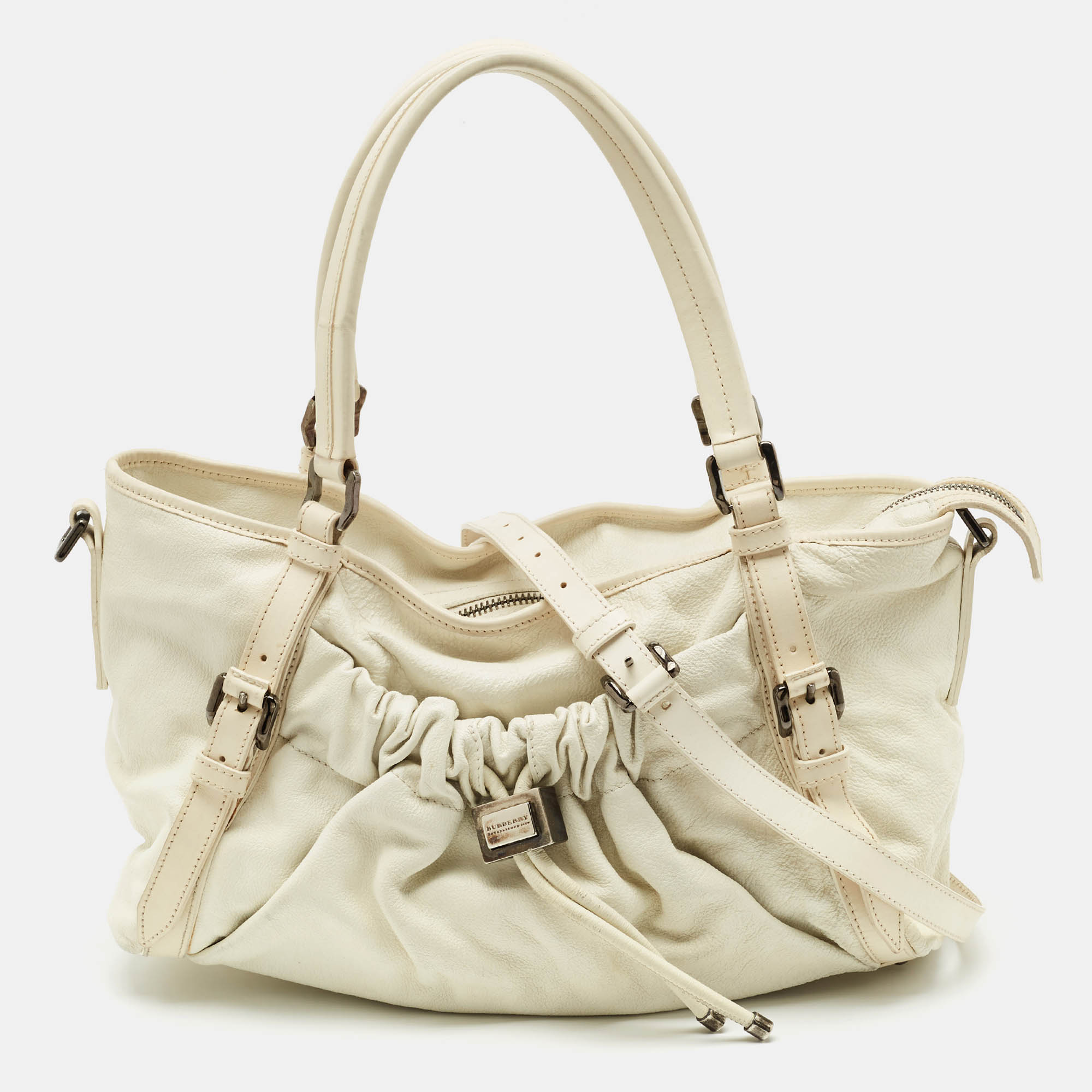 

Burberry White Leather Drawstring Tote