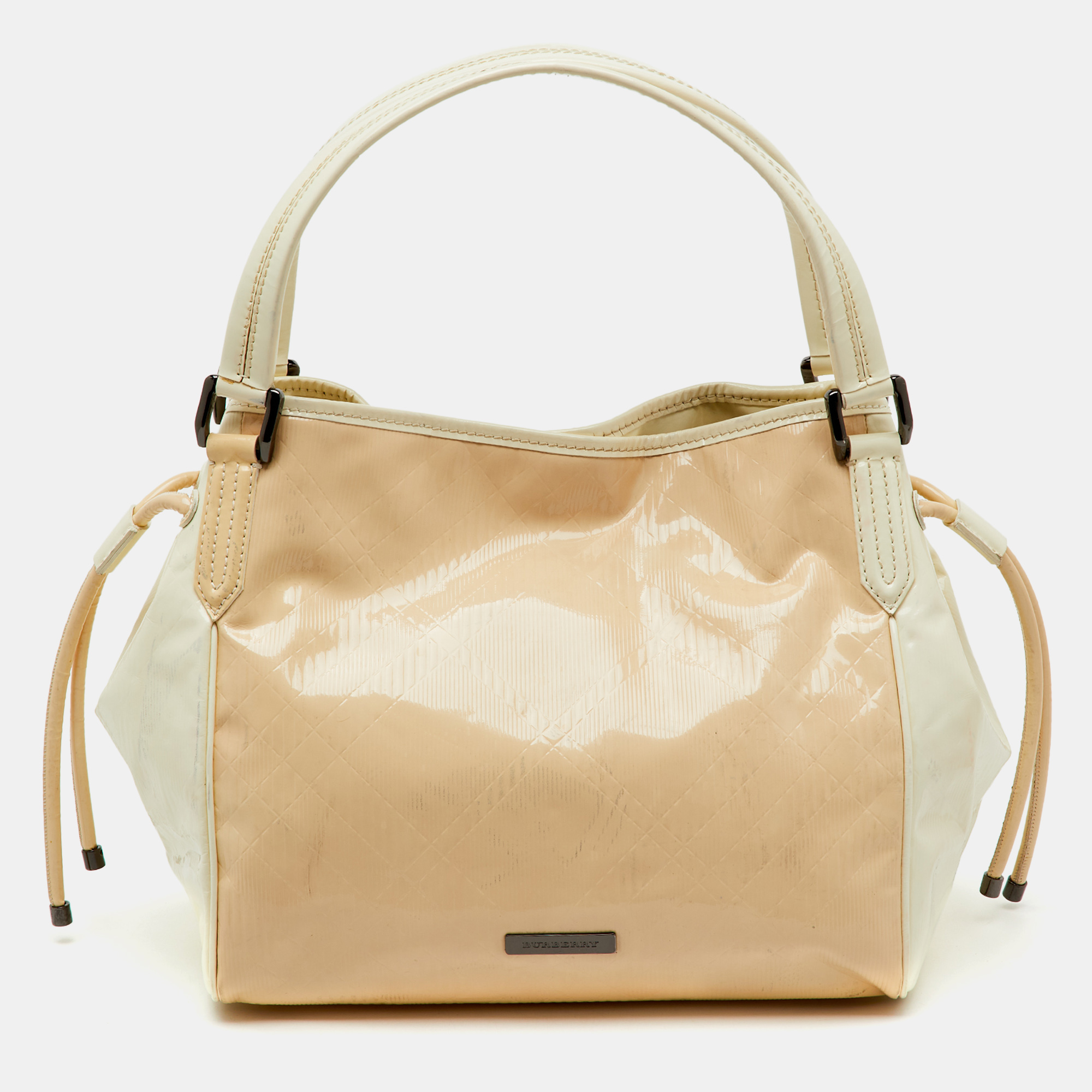 

Burberry White/Beige Check Patent Leather Bilmore Tote