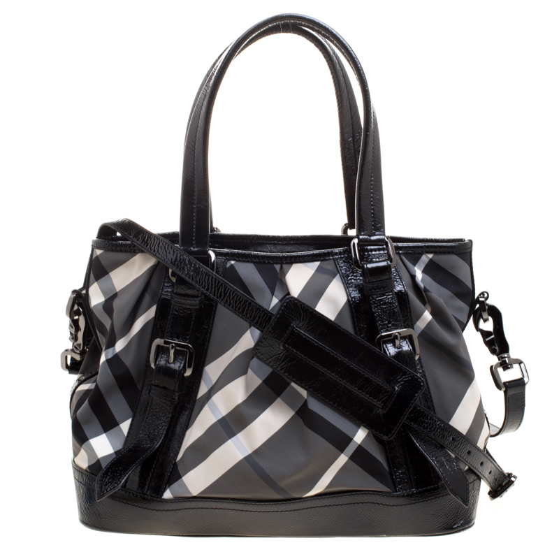 Burberry Black Beat Check Nylon and Patent Leather Medium Lowry Tote ...