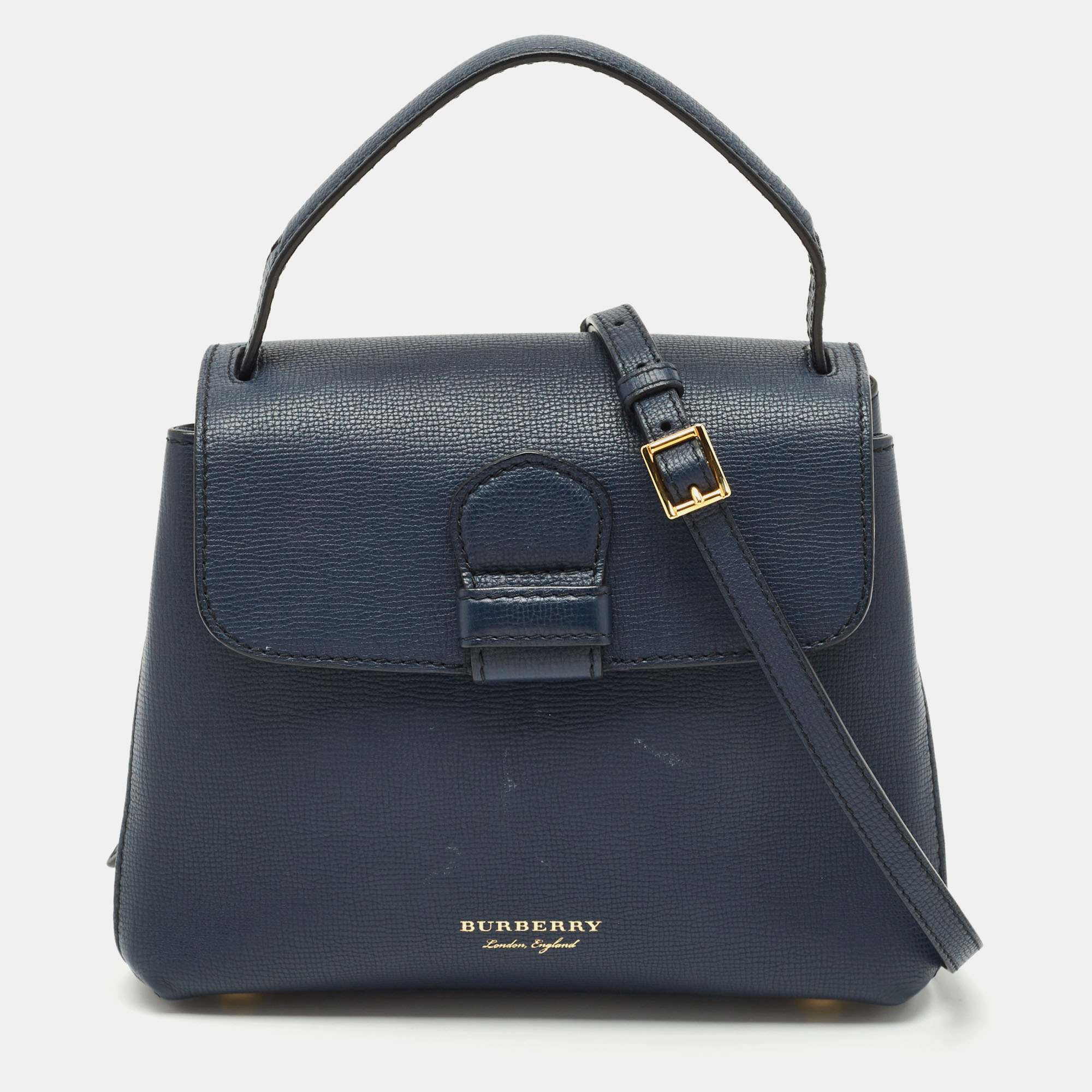 

Burberry Navy Blue/Beige Leather and House Check Fabric  Camberley Top Handle Bag
