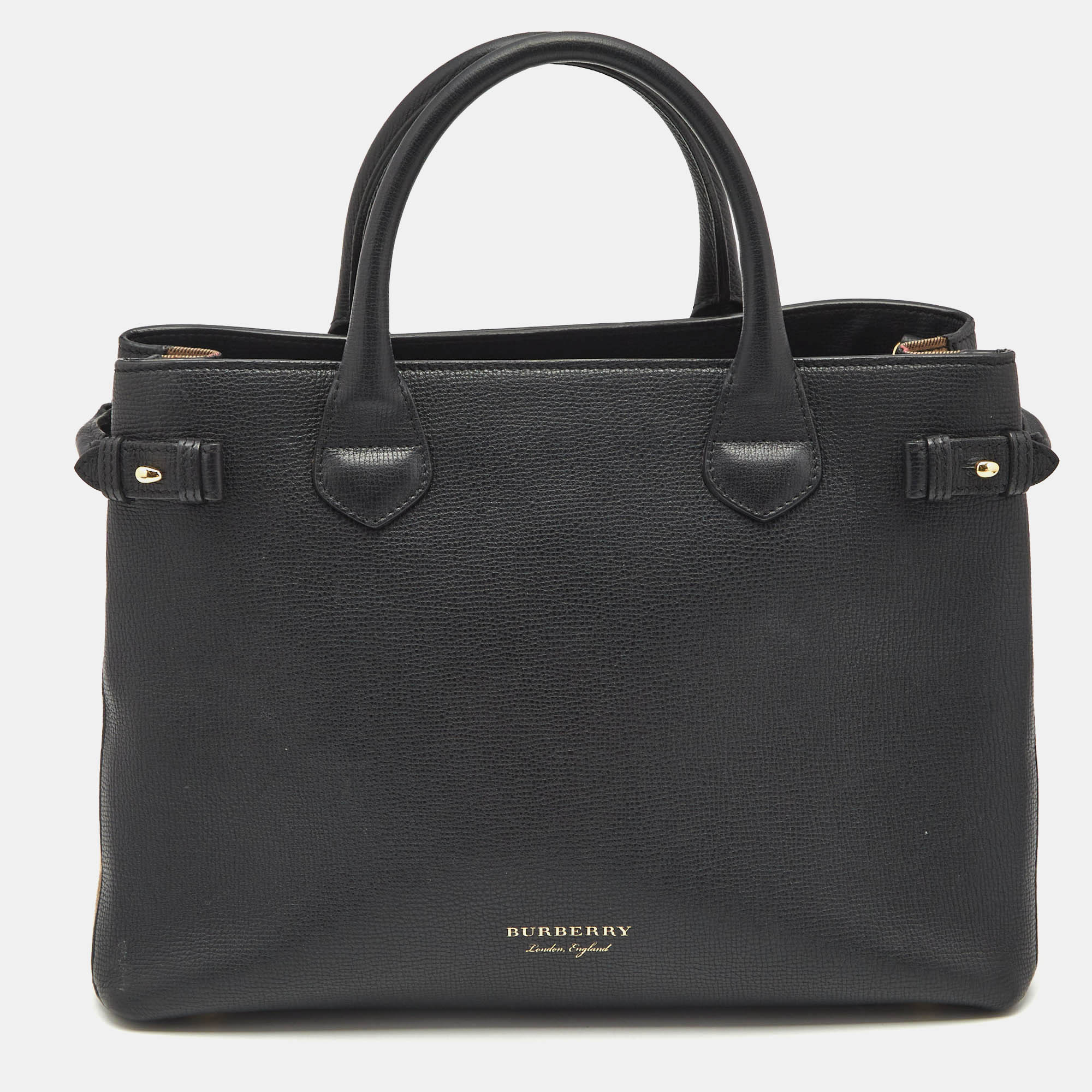 

Burberry Black Leather and House Check Canvas Medium Banner Tote
