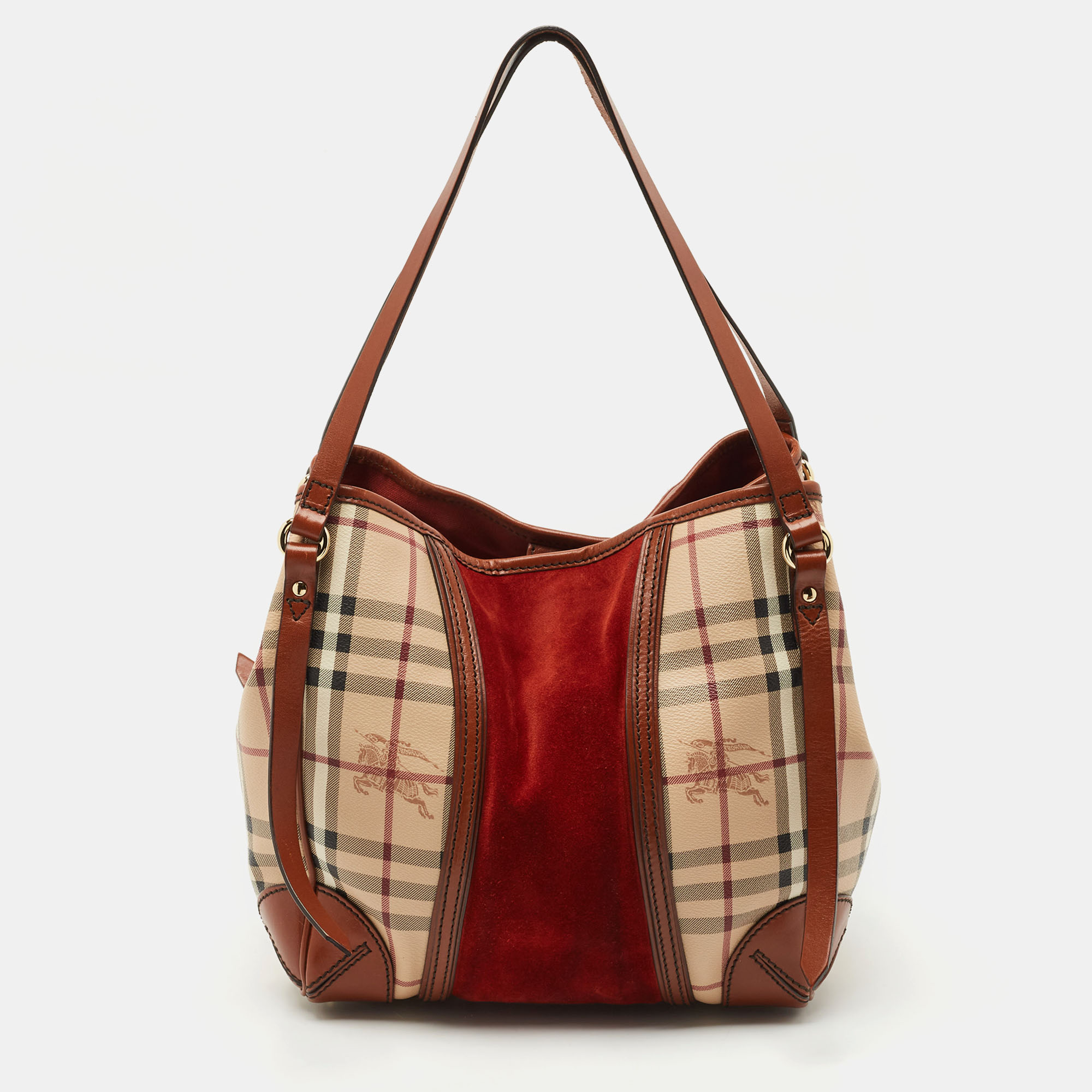 

Burberry Brown/Beige Haymarket PVC, Leather and Suede Canterbury Tote