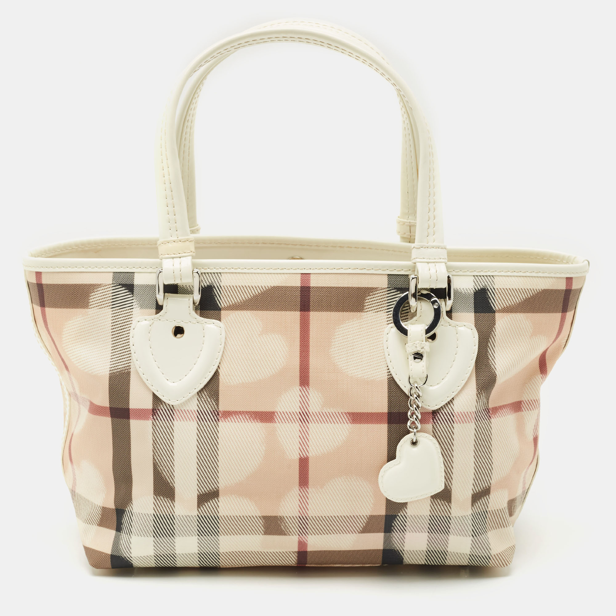 

Burberry White/Beige House Check PVC and Patent Leather Open Heart Tote