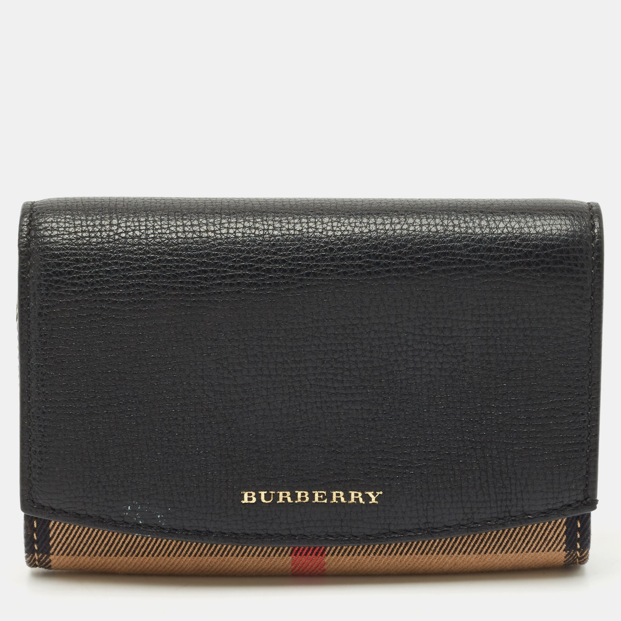 Pre-owned Burberry Black/beige House Check Canvas And Leather Wellington Compact Wallet