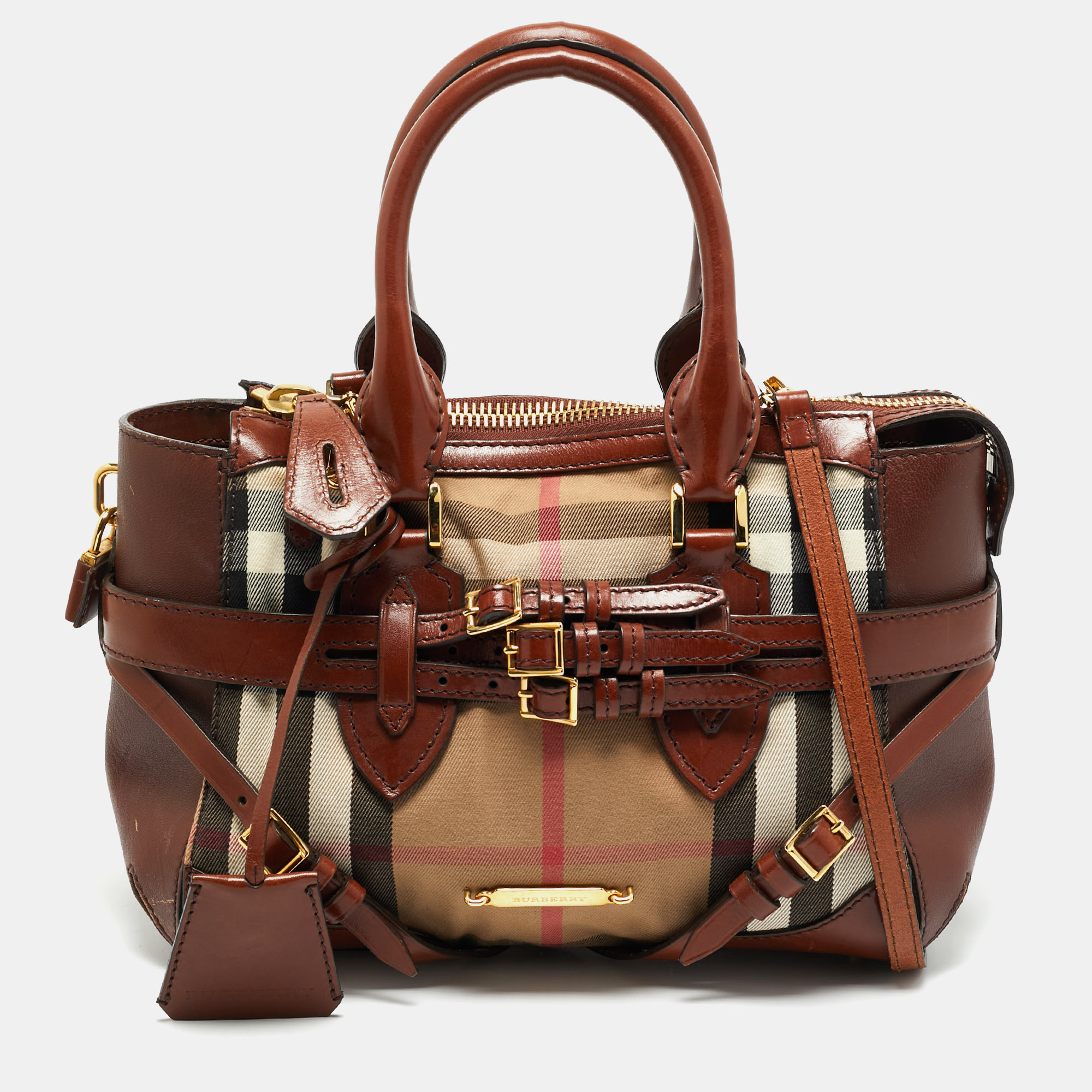 Pre-owned Burberry Brown/beige House Check Canvas And Leather Bridle Lynher Tote