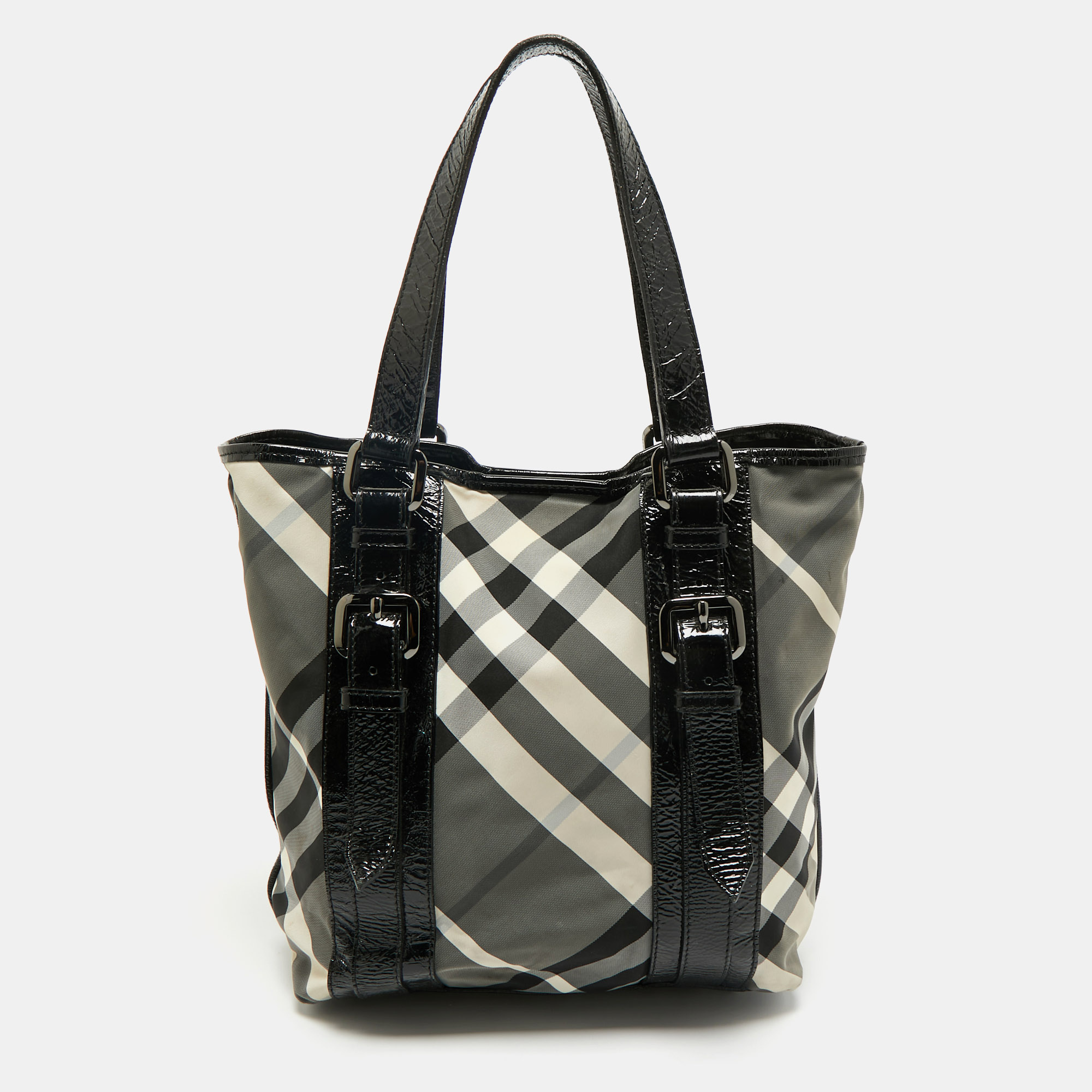 

Burberry Black Beat Check Nylon And Patent Leather  Lowry Tote