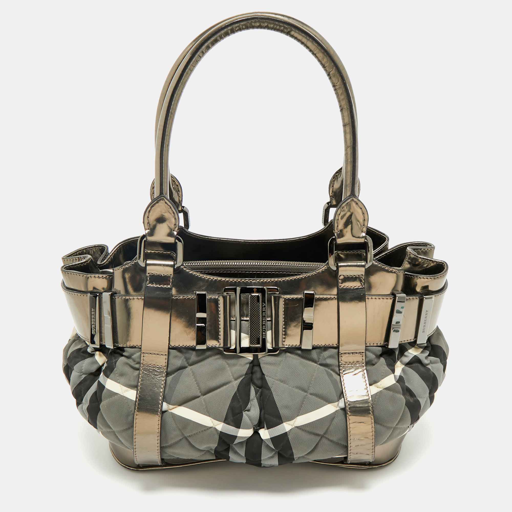

Burberry Black/Grey Beat Check Nylon and Patent Leather Small Healy Tote, Metallic