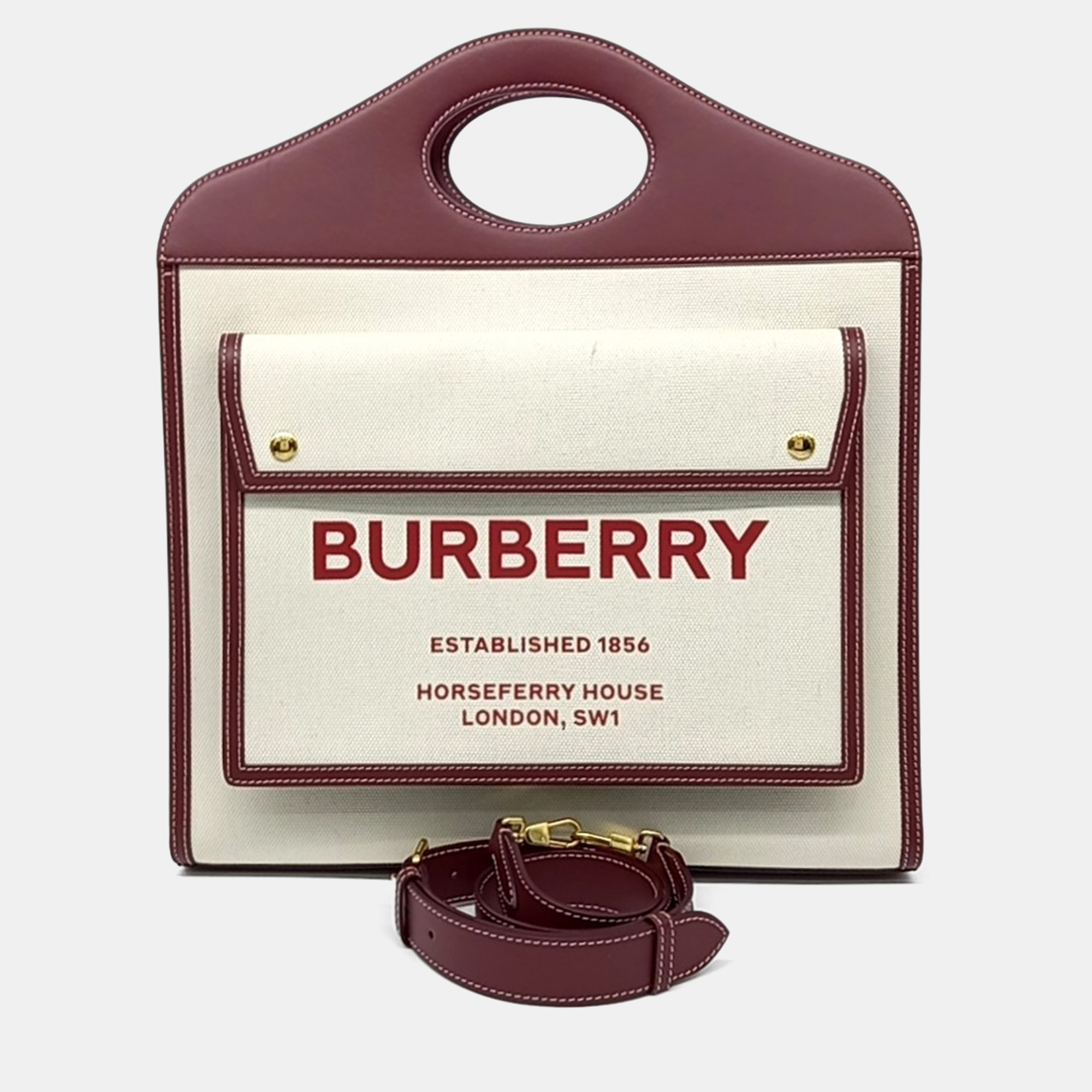 

Burberry Cream Burgundy Fabric and Leather Pocket Bag Medium