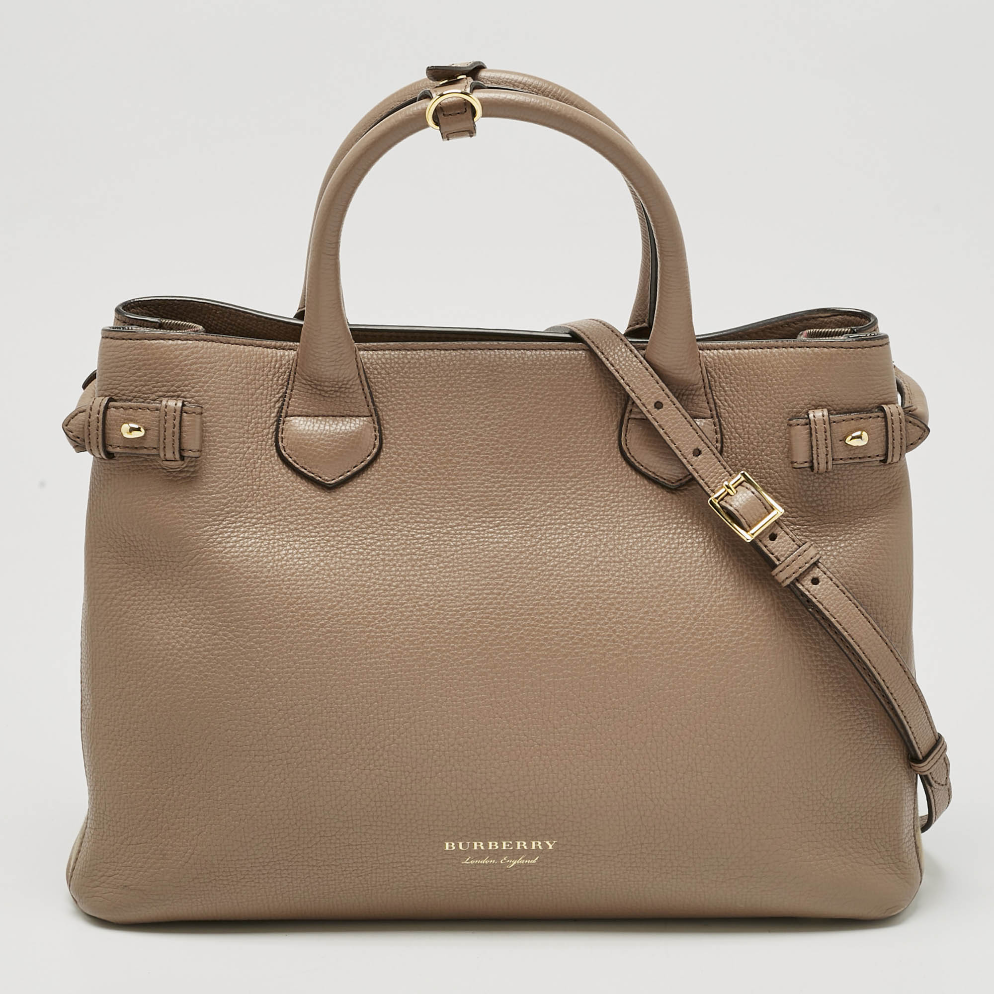 Pre-owned Burberry Brown Leather And House Check Fabric Medium Banner Tote