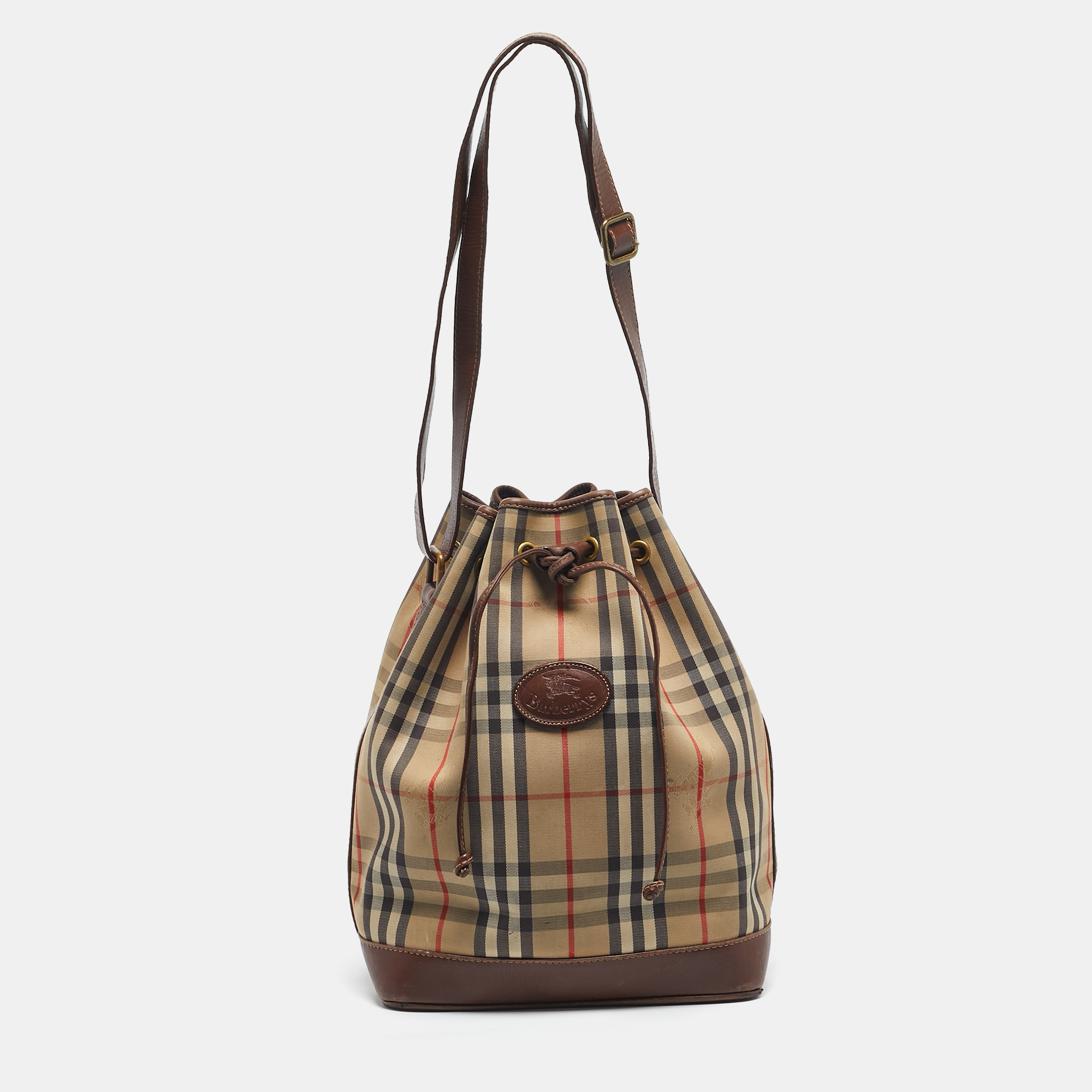 Pre-owned Burberry Brown/beige Haymarket Fabric And Leather Drawstring Bucket Bag