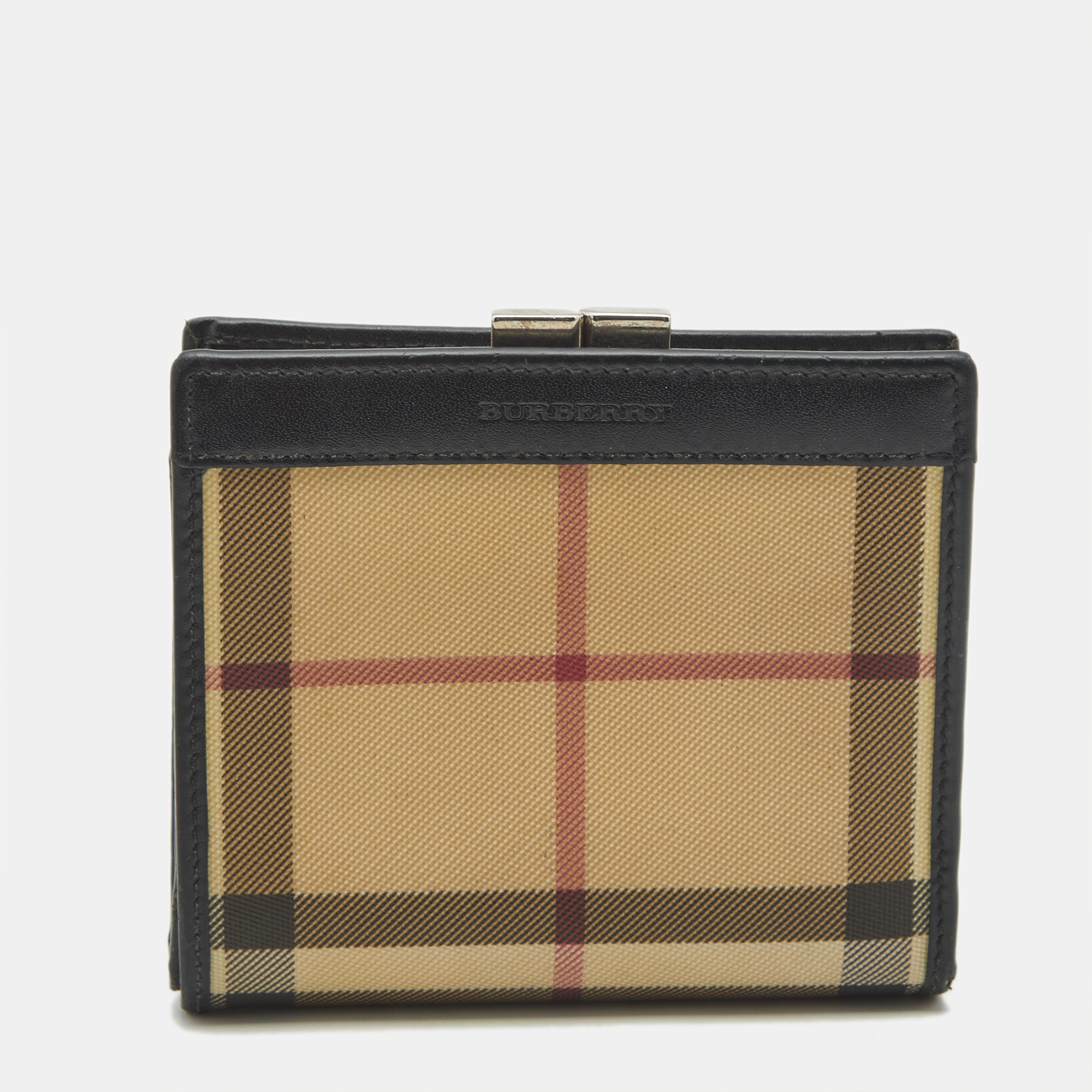 Pre-owned Burberry Beige/black Housecheck Coated Canvas And Leather Kiss Lock Compact Wallet In Sand