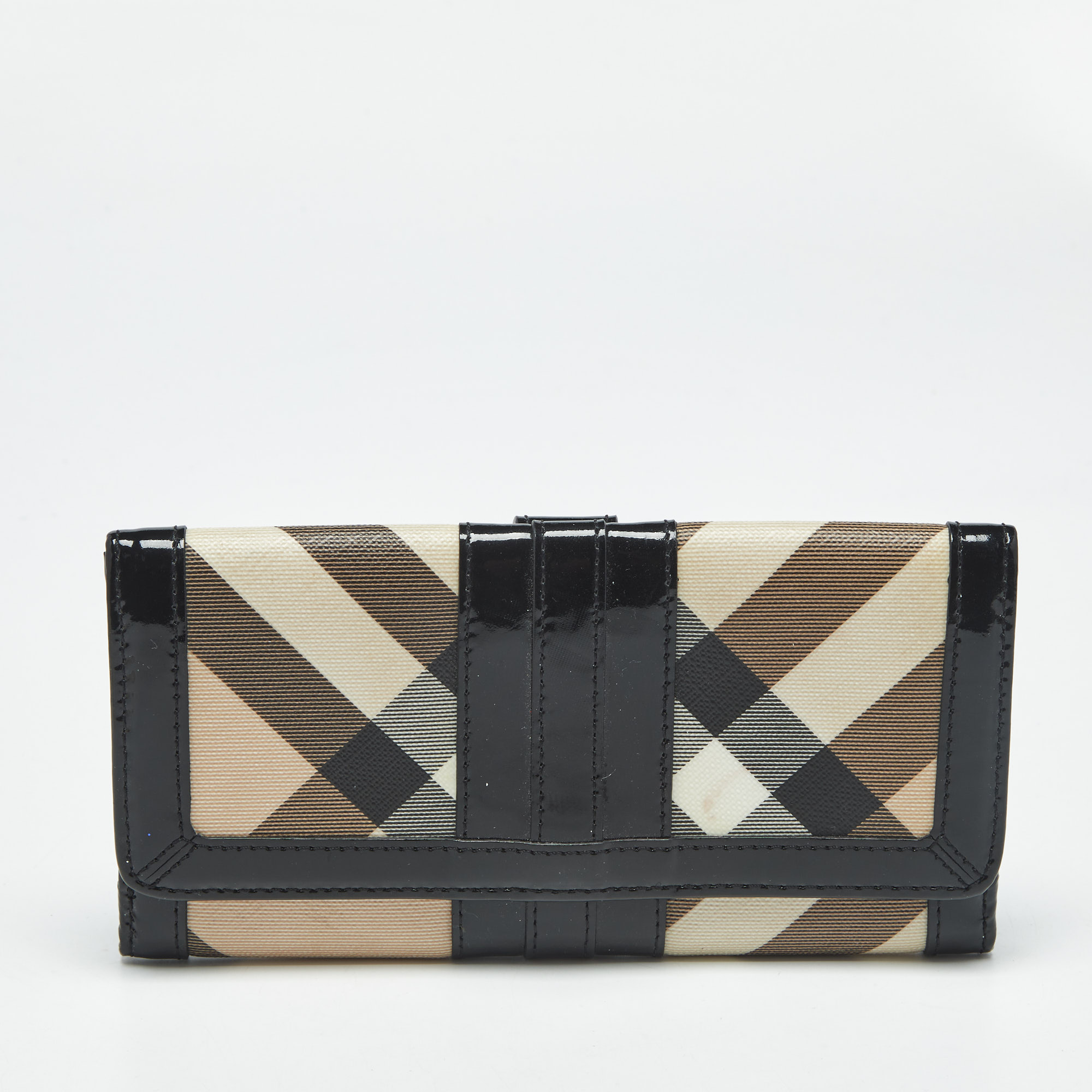 Pre-owned Burberry Black/beige Nova Coated Canvas And Patent Leather Flap Continental Wallet