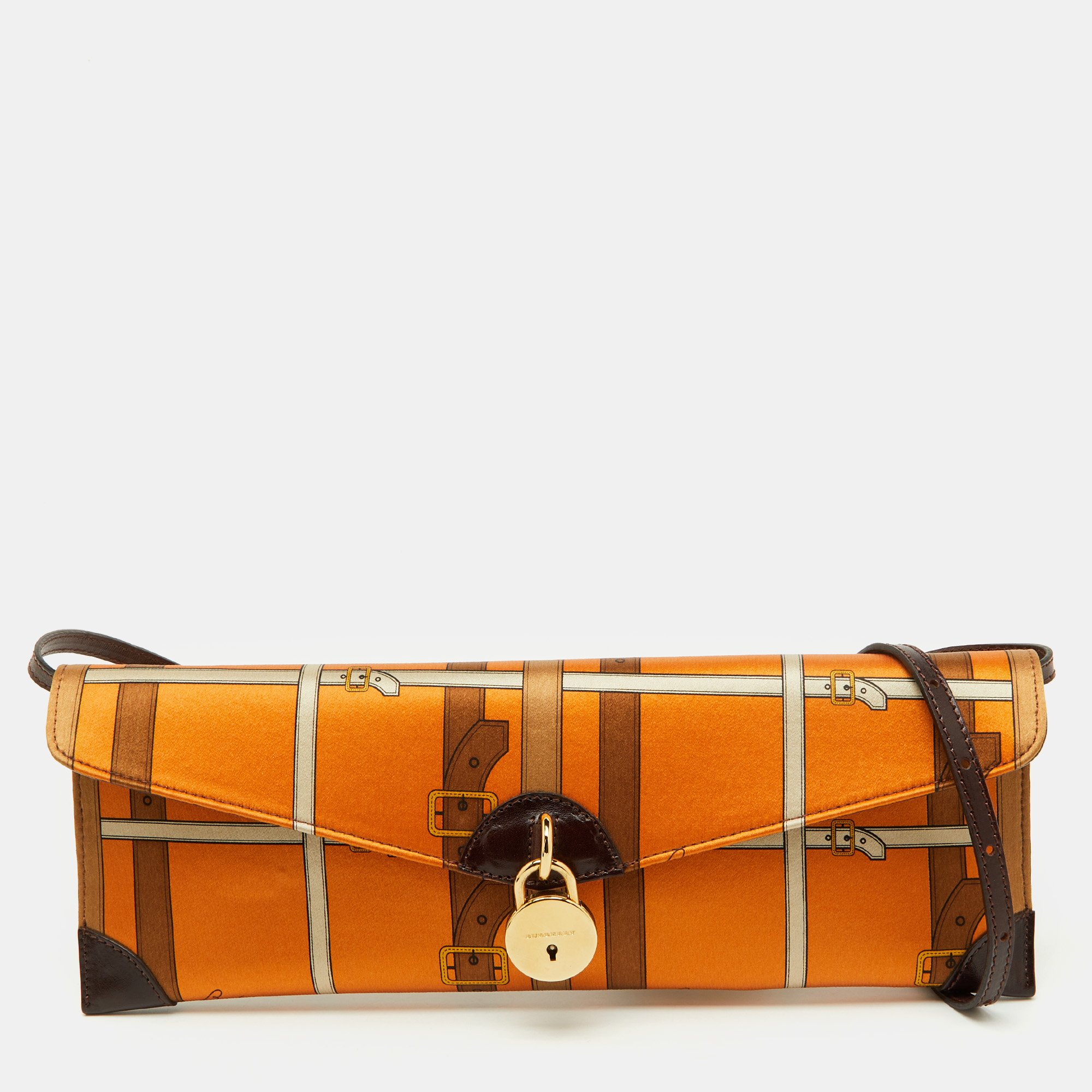 Pre-owned Burberry Orange/brown Printed Satin And Leather Flap Clutch
