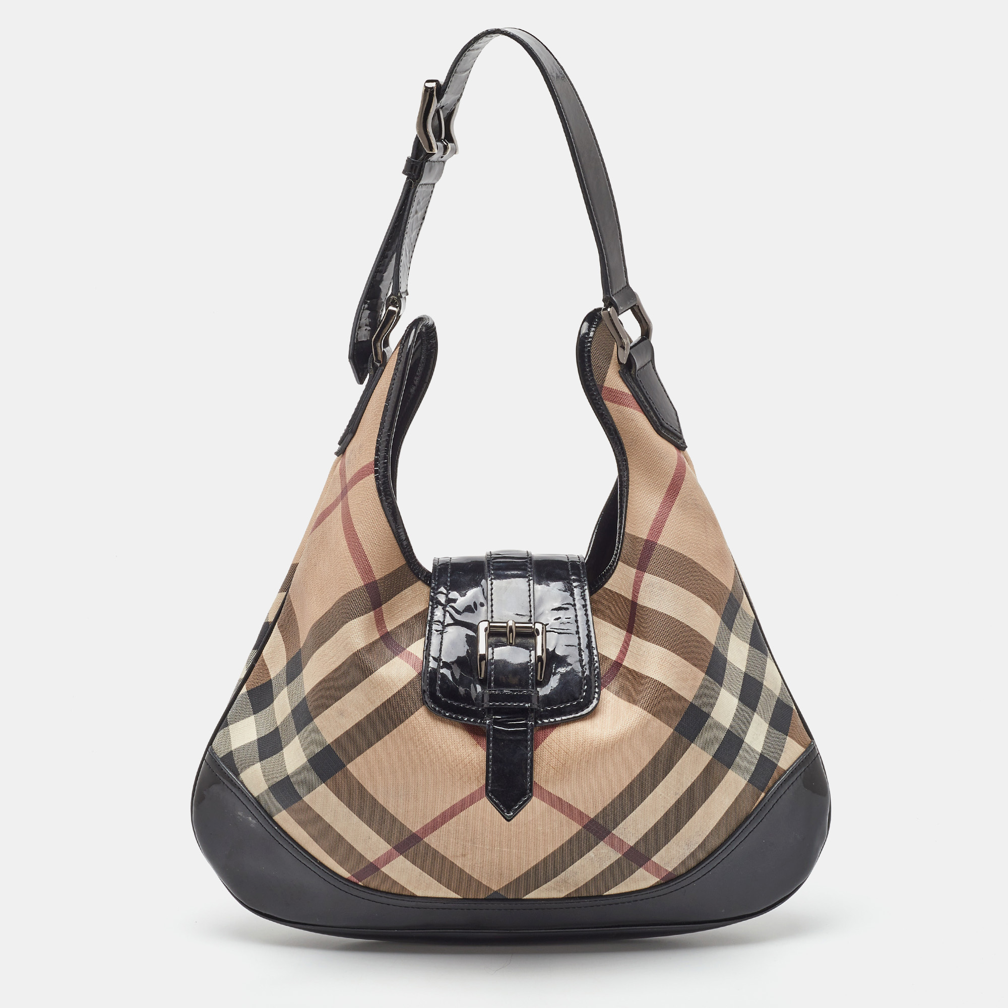 

Burberry Beige/Black Nova Check Coated Canvas and Patent Leather Brooke Hobo