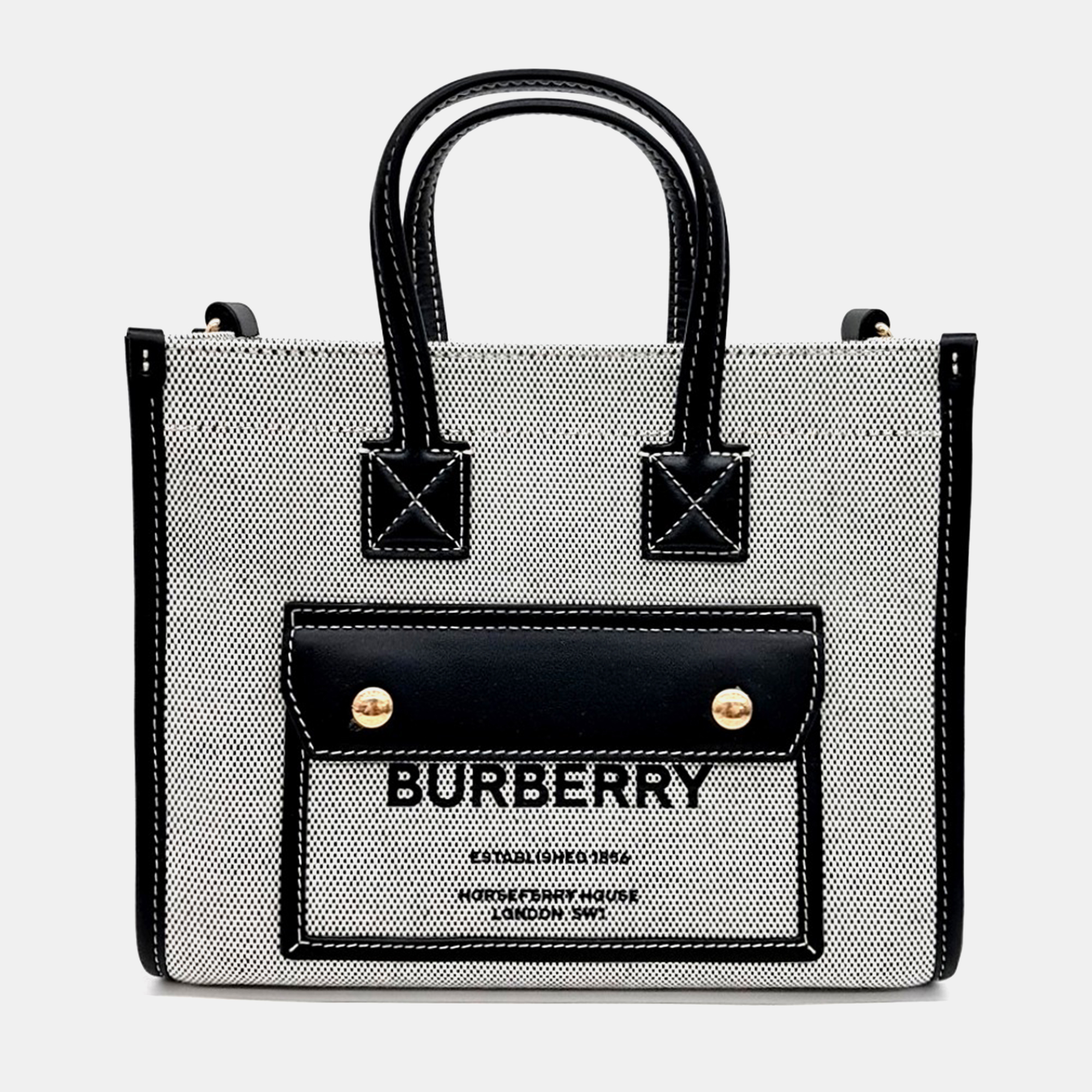 Pre-owned Burberry Black White Canvas And Leather Freya Mini Tote Bag