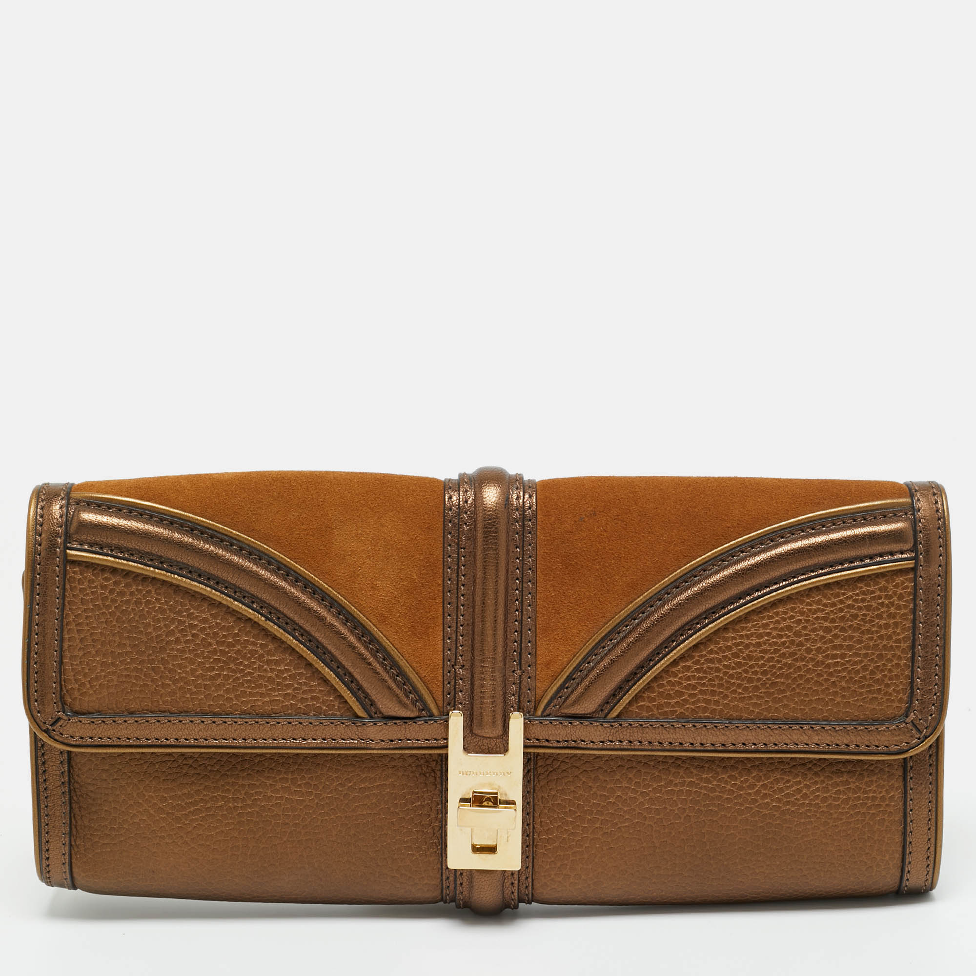 Pre-owned Burberry Brown/bronze Leather And Suede Turnlock Flap Clutch