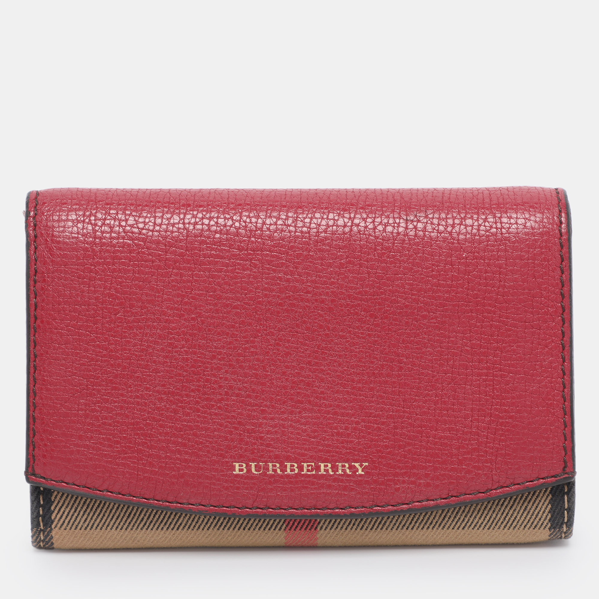Pre-owned Burberry Beige/red House Check Fabric And Leather Flap Wallet In Sand