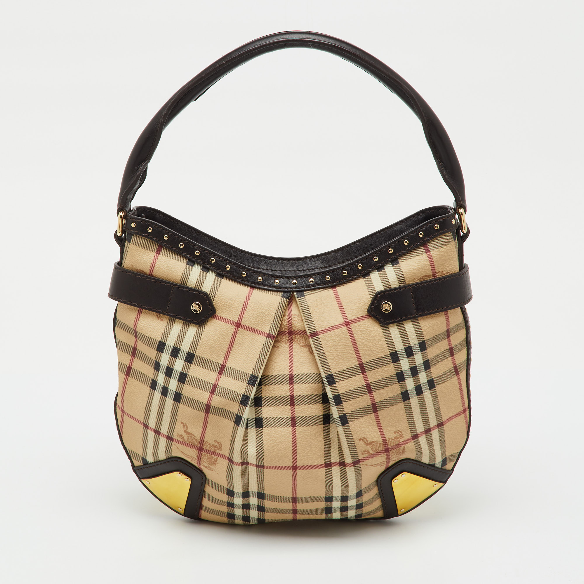 Pre-owned Burberry Brown/beige Haymarket Pvc And Leather Studded Hartley Hobo