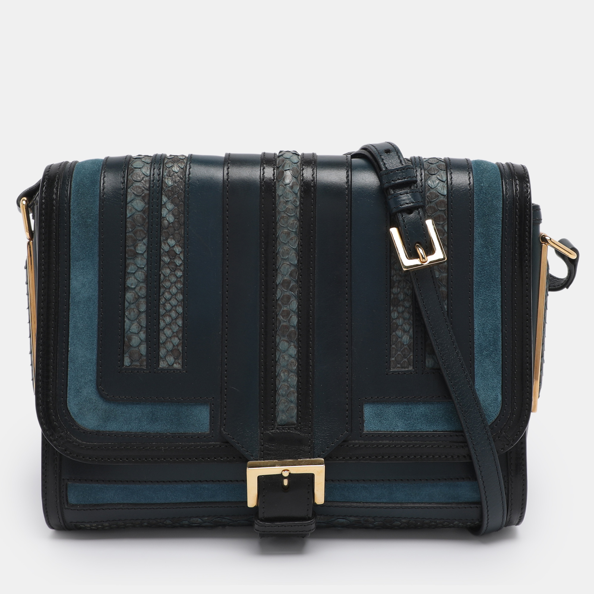 Pre-owned Burberry Blue/black Leather And Python Crossbody Bag