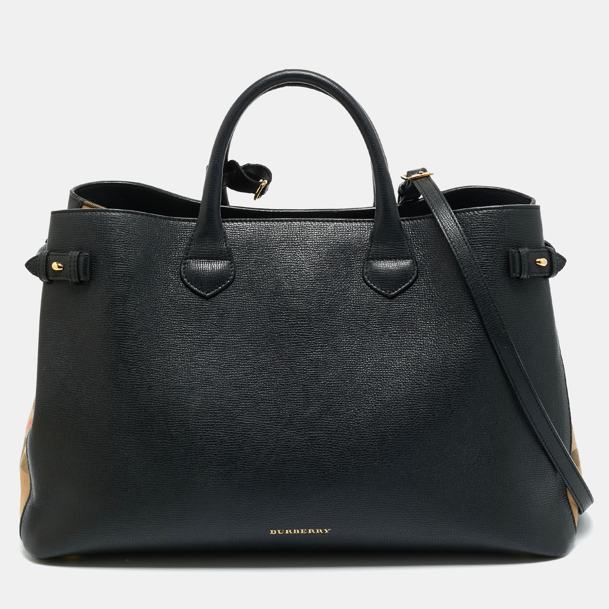 Pre-owned Burberry Black Leather And House Check Fabric Large Banner Tote