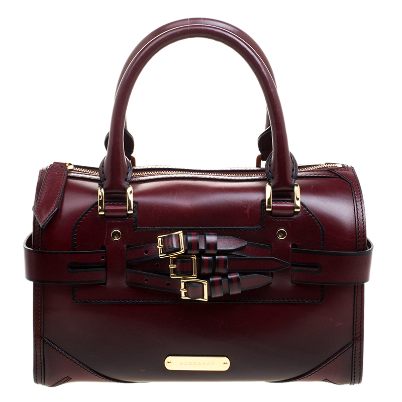 Pre Owned Burberry Burgundy Bridle Leather Belted Bowling Bag