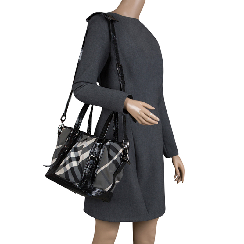 

Burberry Black Beat Check Nylon and Patent Leather Small Lowry Tote