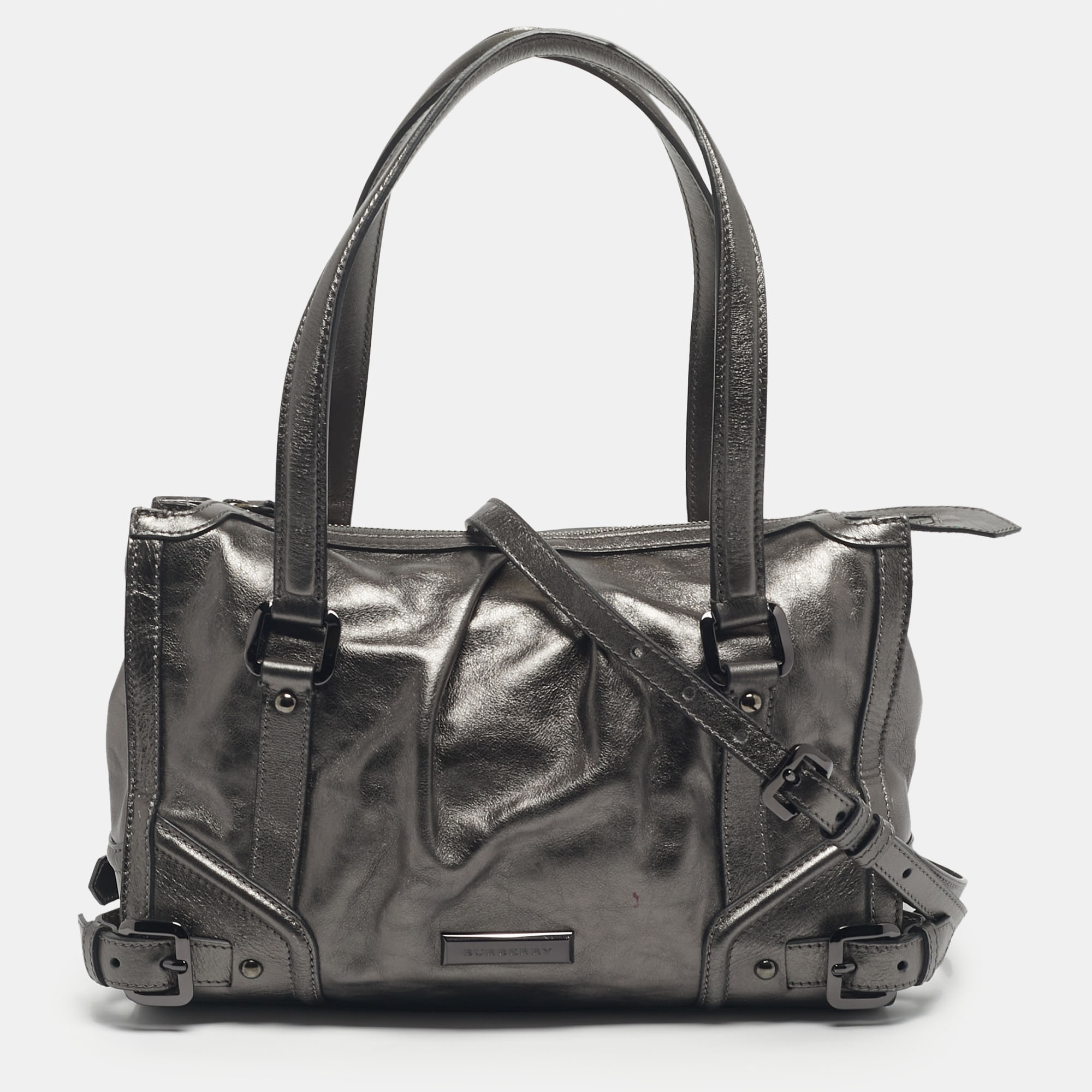

Burberry Metallic Grey Leather Pilgrim Tote