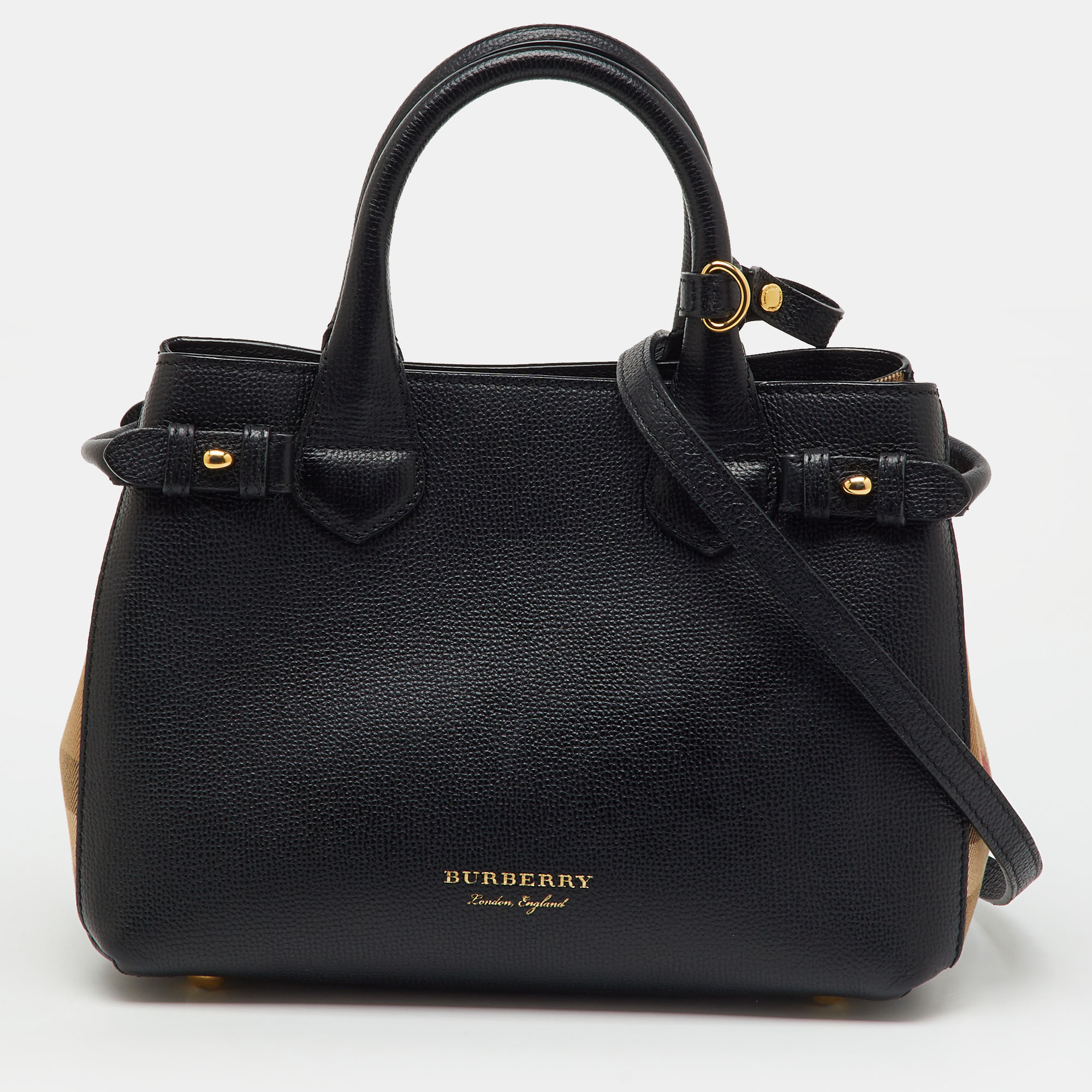 

Burberry Black/Beige Leather and House Check Fabric  Banner Tote