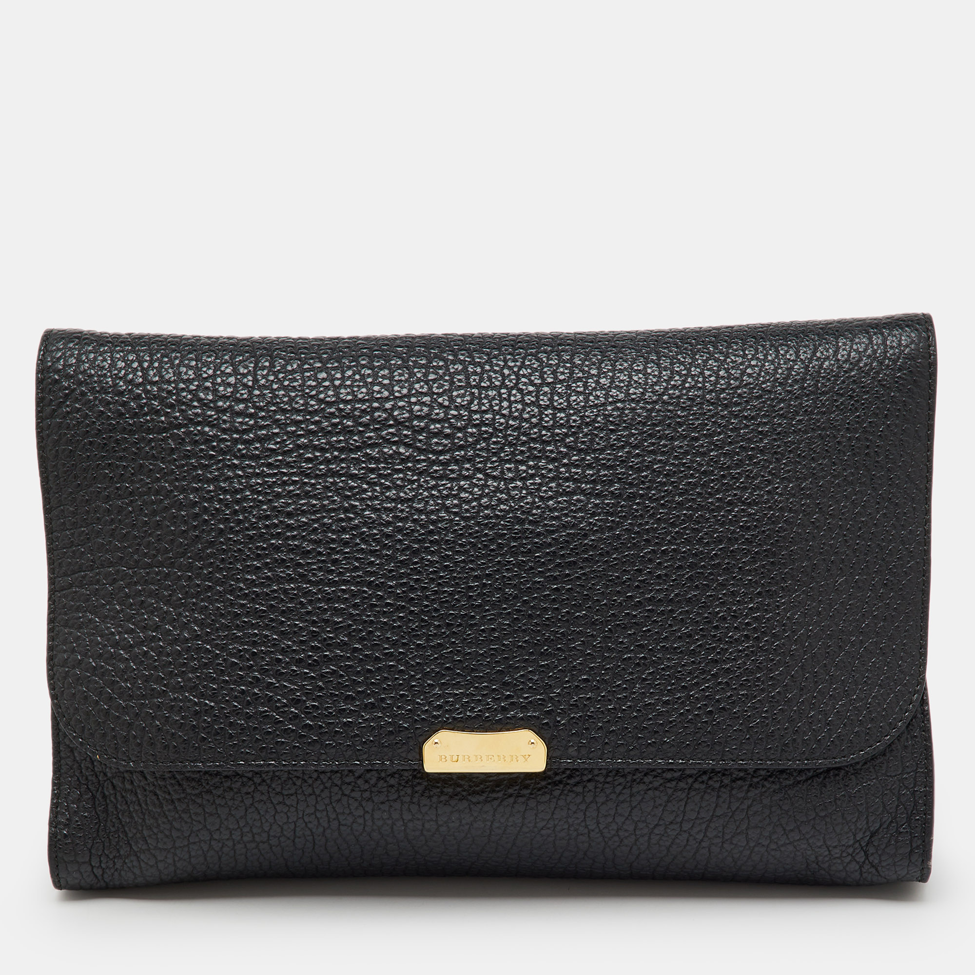Pre-owned Burberry Black Leather Mildenhall Oversized Flap Clutch