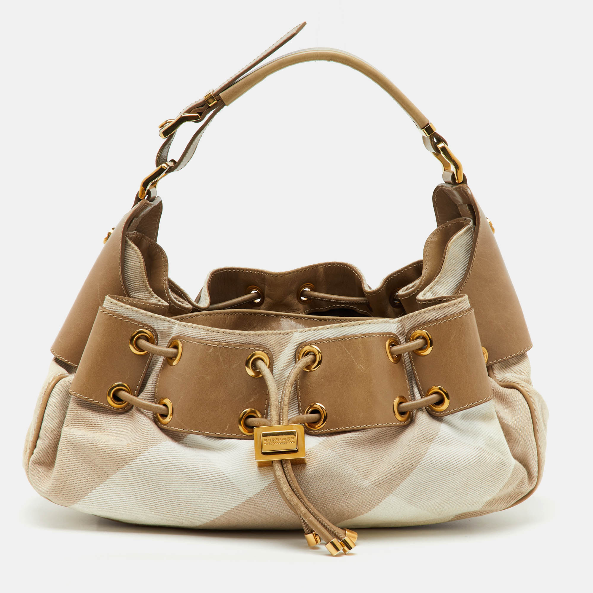 Pre-owned Burberry Beige Summer Check Canvas And Leather Mason Warrior Hobo In Sand