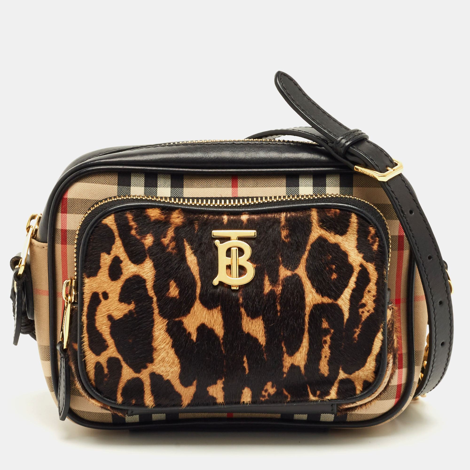 

Burberry Brown/Black Leopard Print Calfhair and House Check Fabric TB Camera Bag
