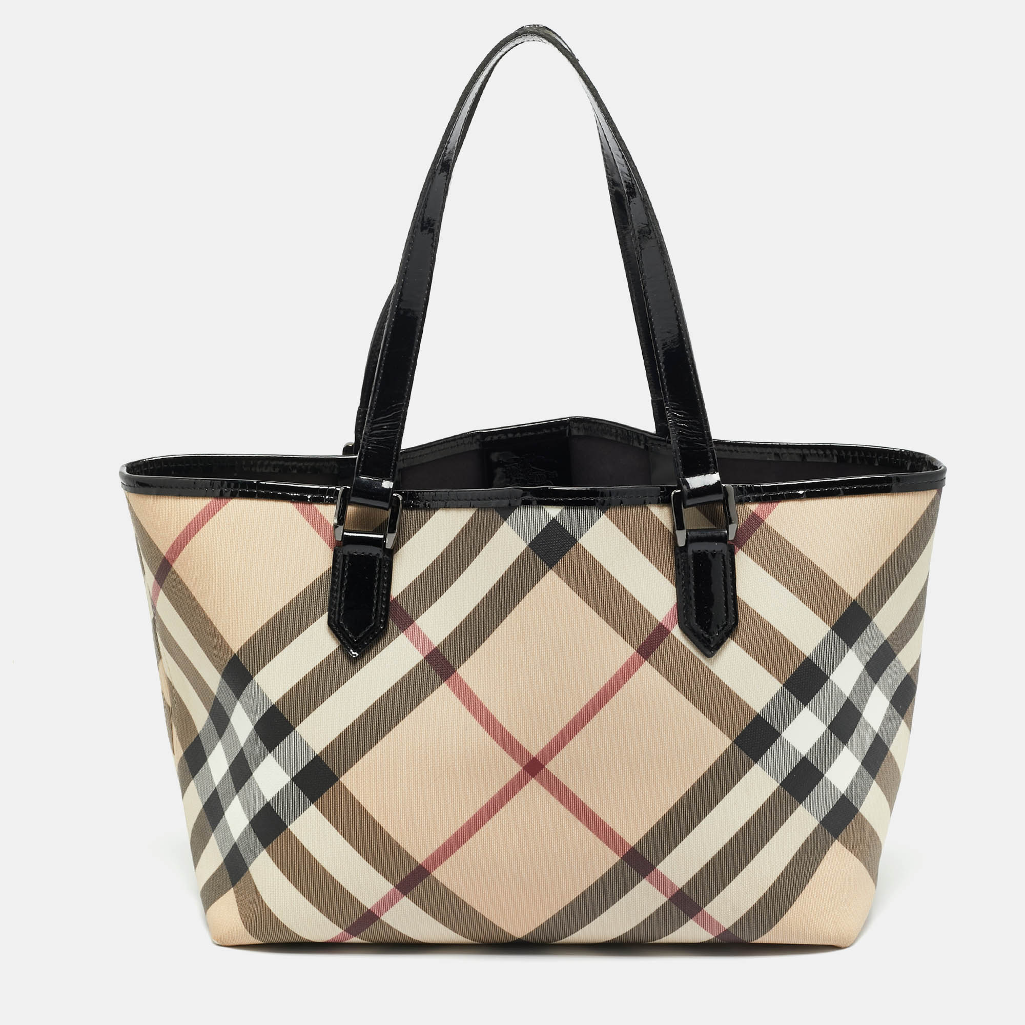 

Burberry Beige/Black Supernova Check Coated Canvas and Patent Leather Nickie Tote