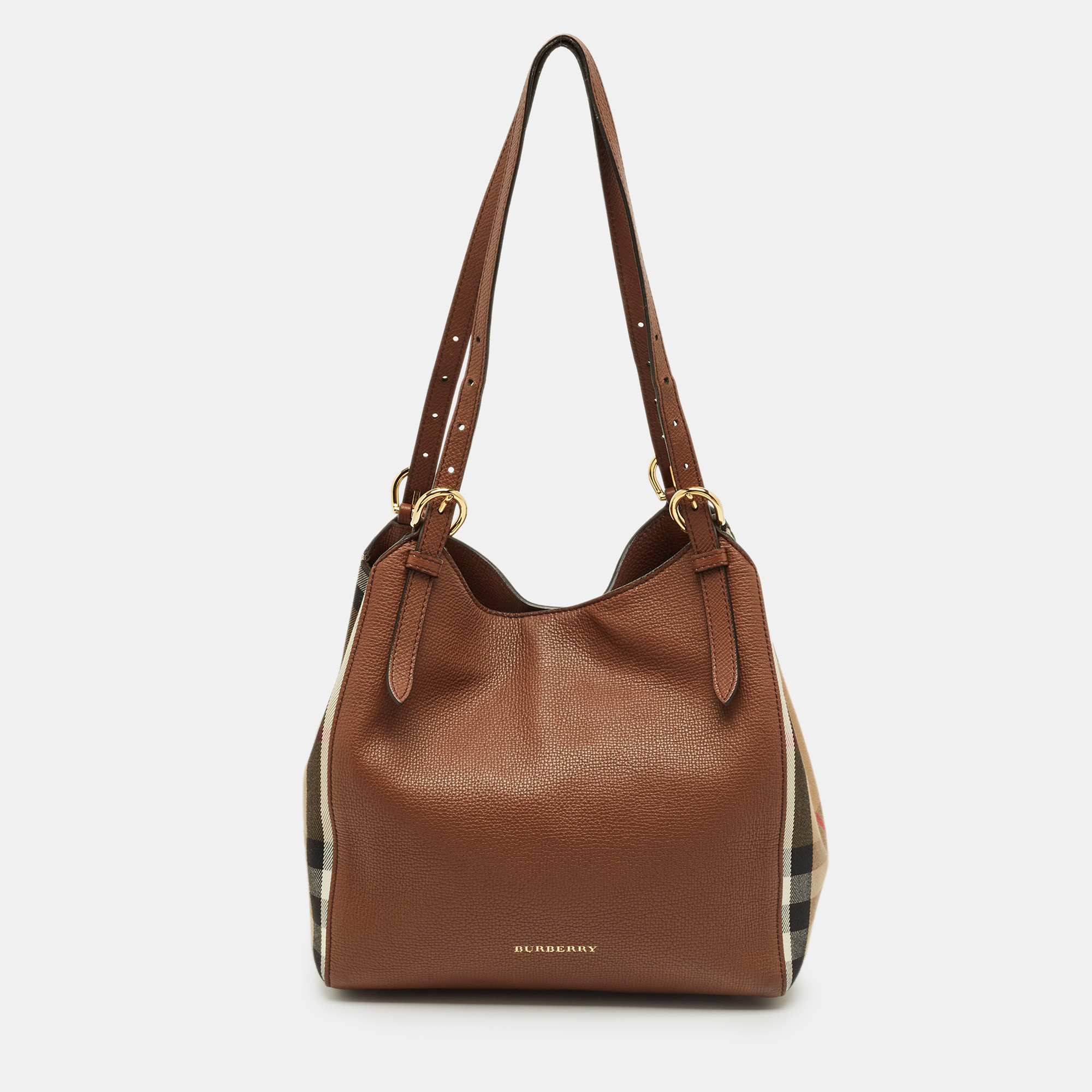 Pre-owned Burberry Brown/beige House Check Fabric And Leather Small Canterbury Tote