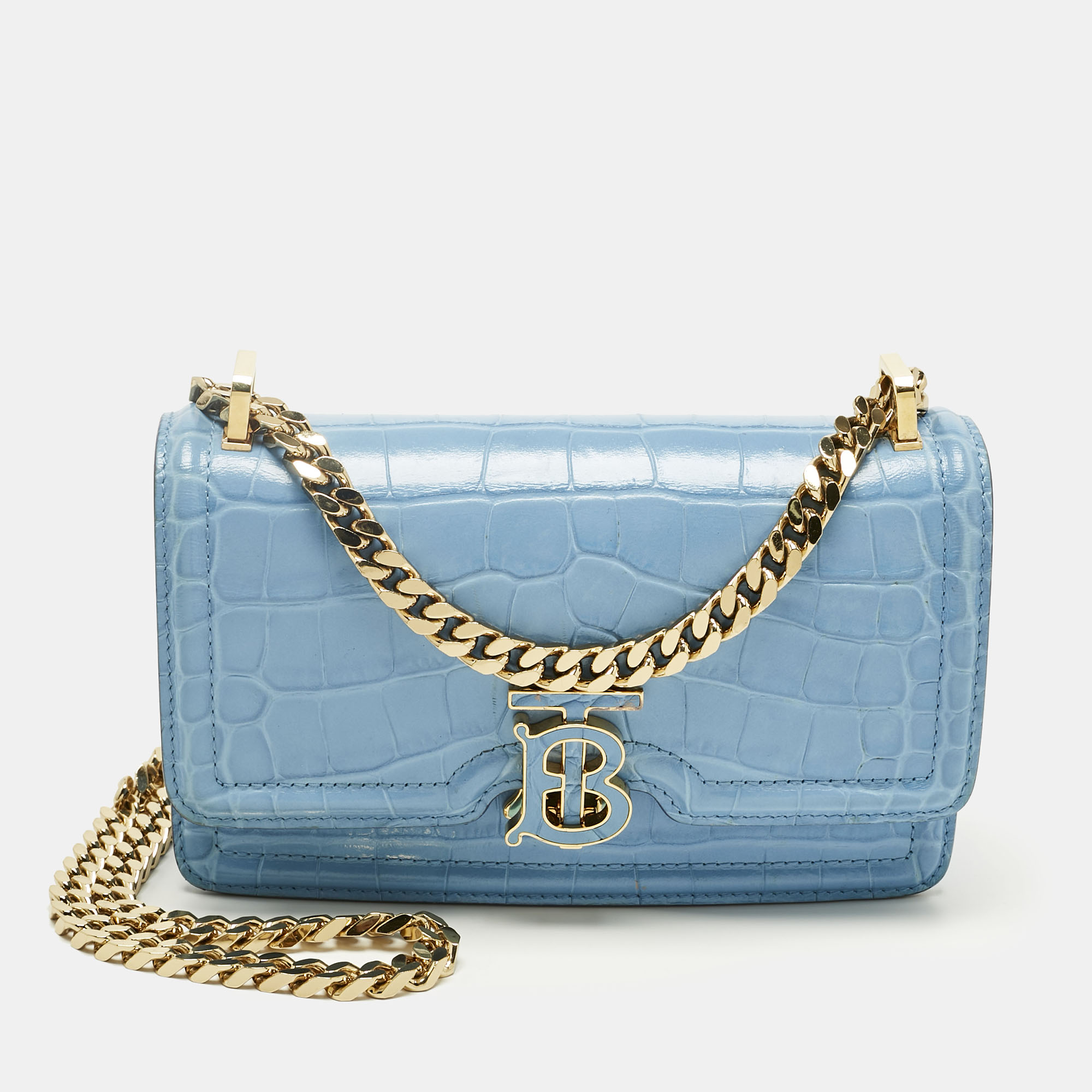 

Burberry Light Blue Croc Embossed Leather TB Elongated Chain Bag