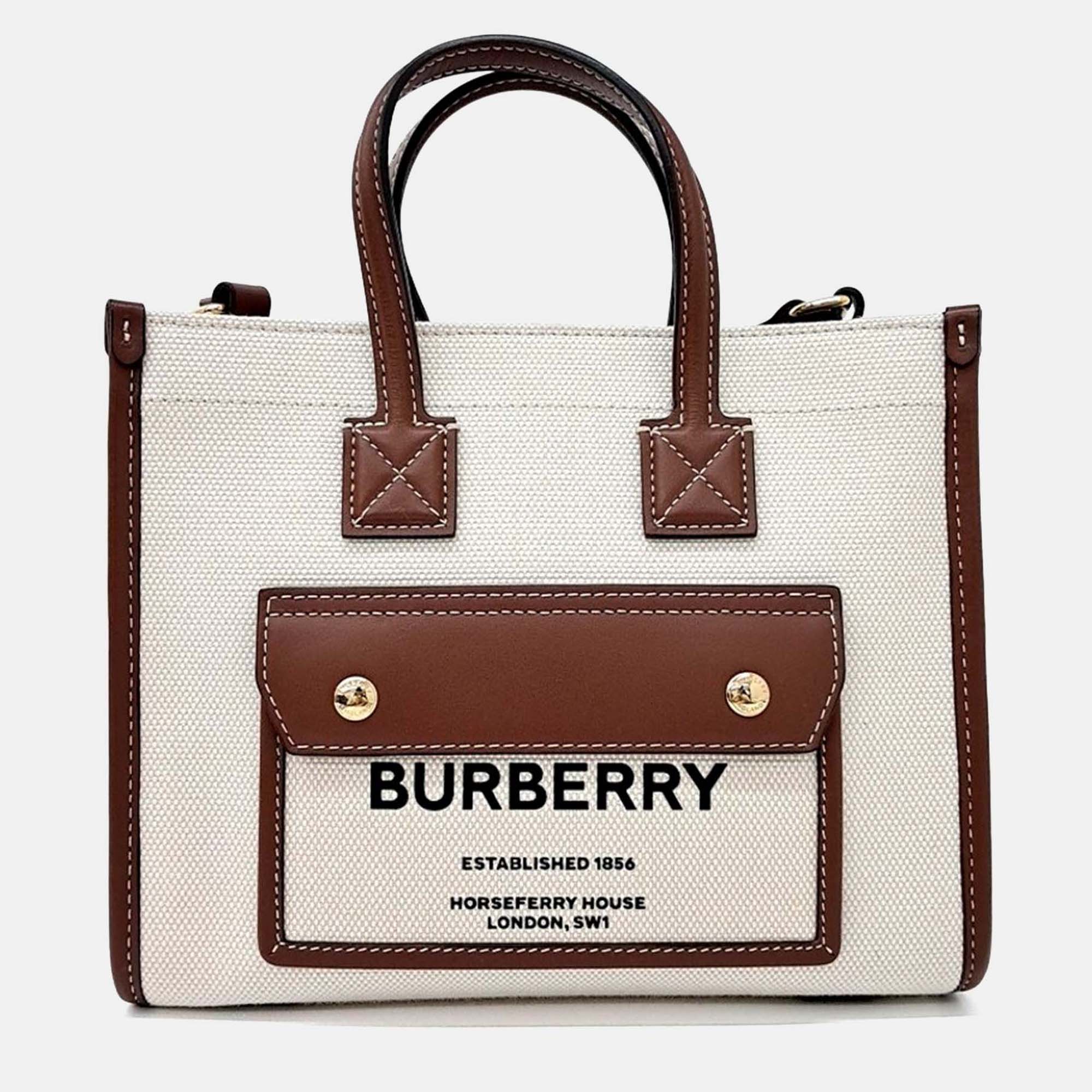 Pre-owned Burberry Beige Brown Canvas And Leather Freya Tote And Crossbody Bag In Sand