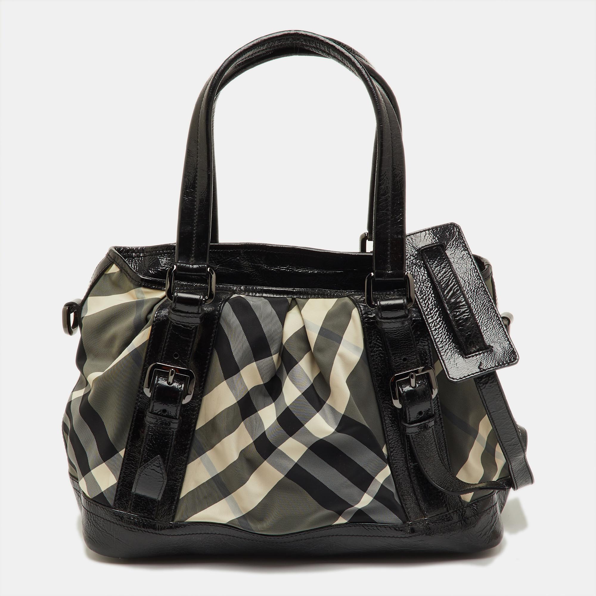 Pre-owned Burberry Black/grey Beat Check Nylon And Patent Leather Medium Lowry Tote