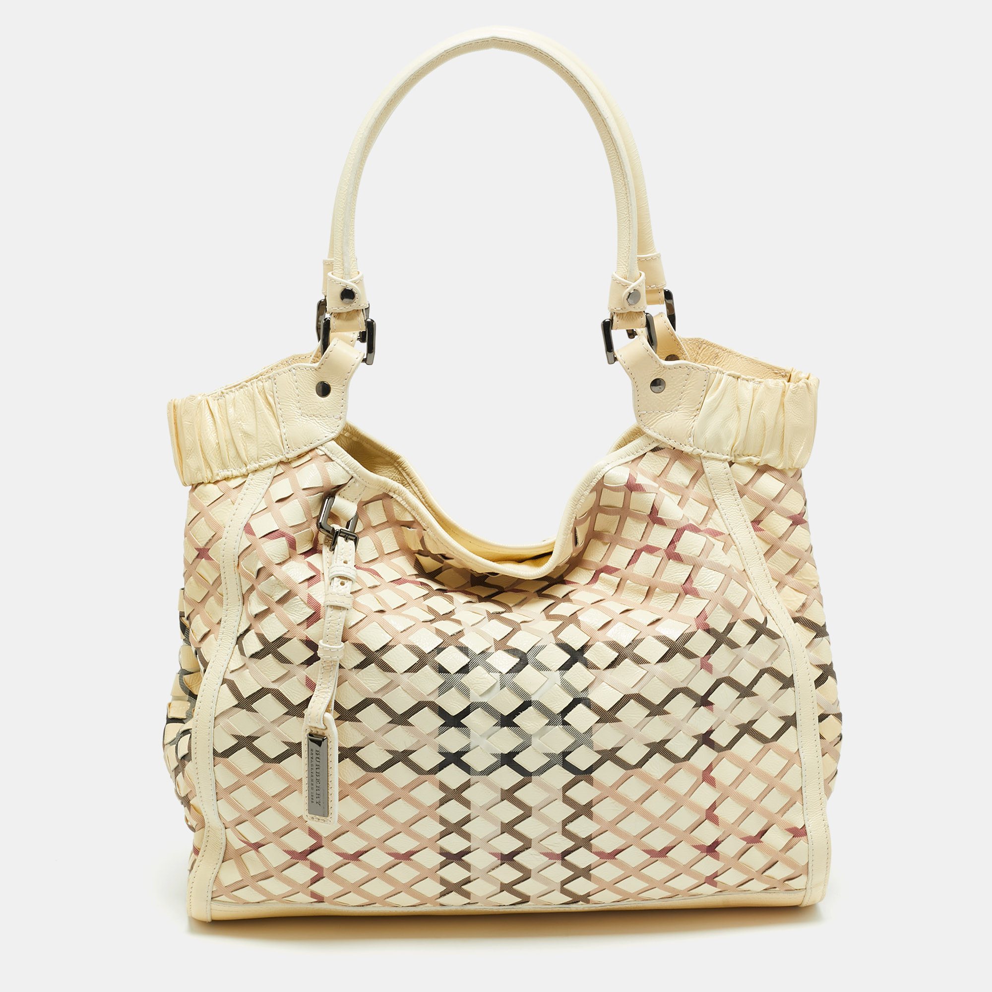 BURBERRY Pre-owned Cream/beige Woven Nova Check Pvc And Patent Leather Tote In White